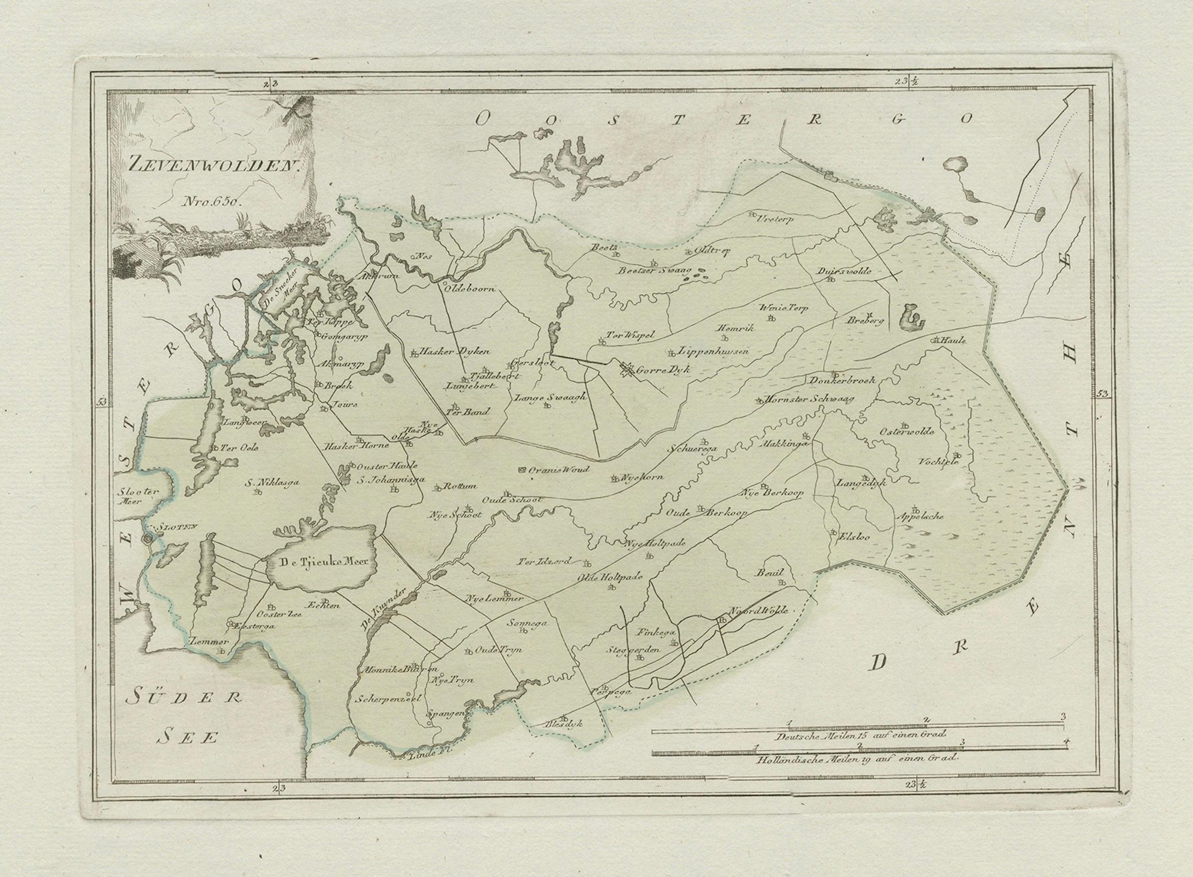 Zevenwolden, Friesland - carte ancienne de von Reilly, 1791 Bon état - En vente à Langweer, NL
