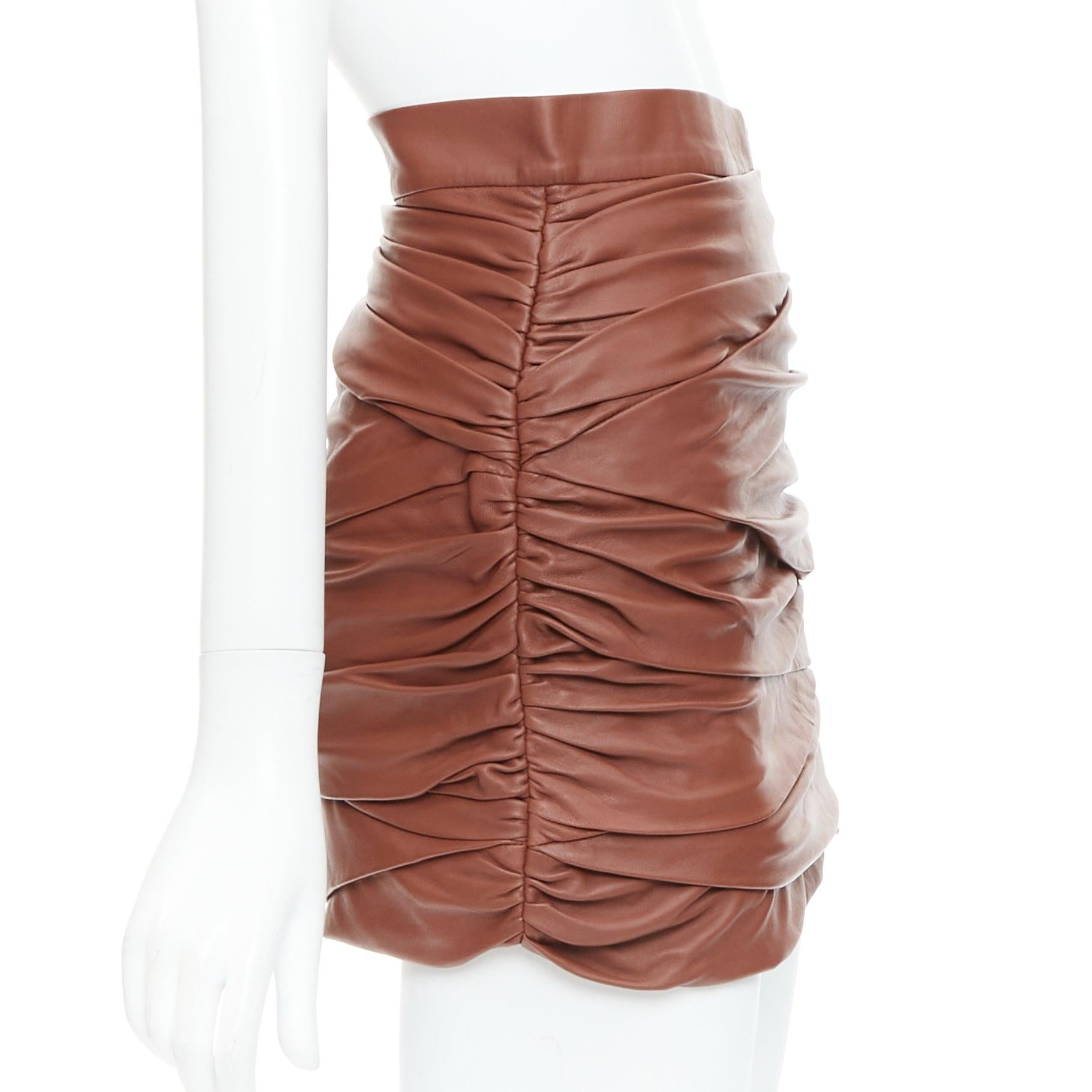 Brown ZEYNEP ARCAY brown lambskin gathered ruched silk lined mini skirt FR34 XS For Sale