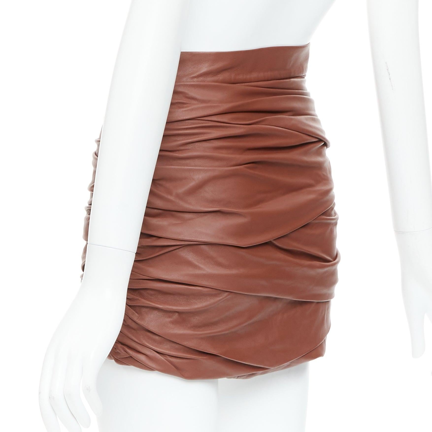 Women's ZEYNEP ARCAY brown lambskin gathered ruched silk lined mini skirt FR34 XS For Sale
