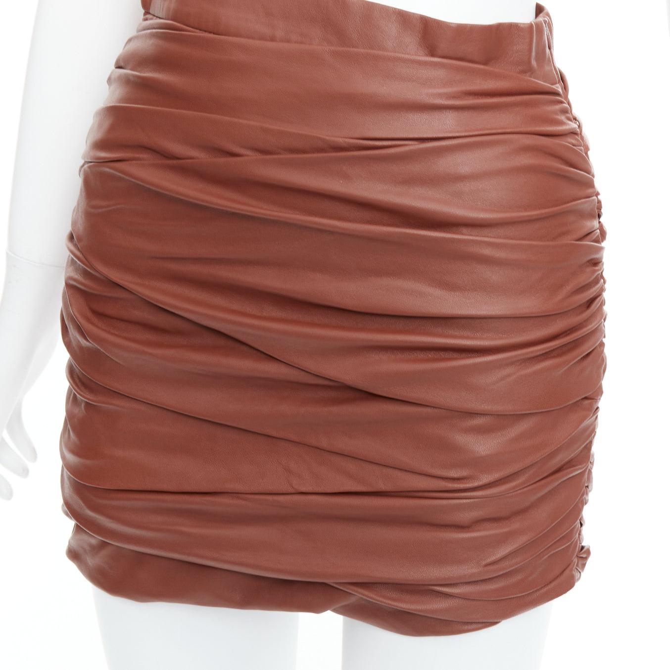 ZEYNEP ARCAY brown lambskin gathered ruched silk lined mini skirt FR34 XS For Sale 2