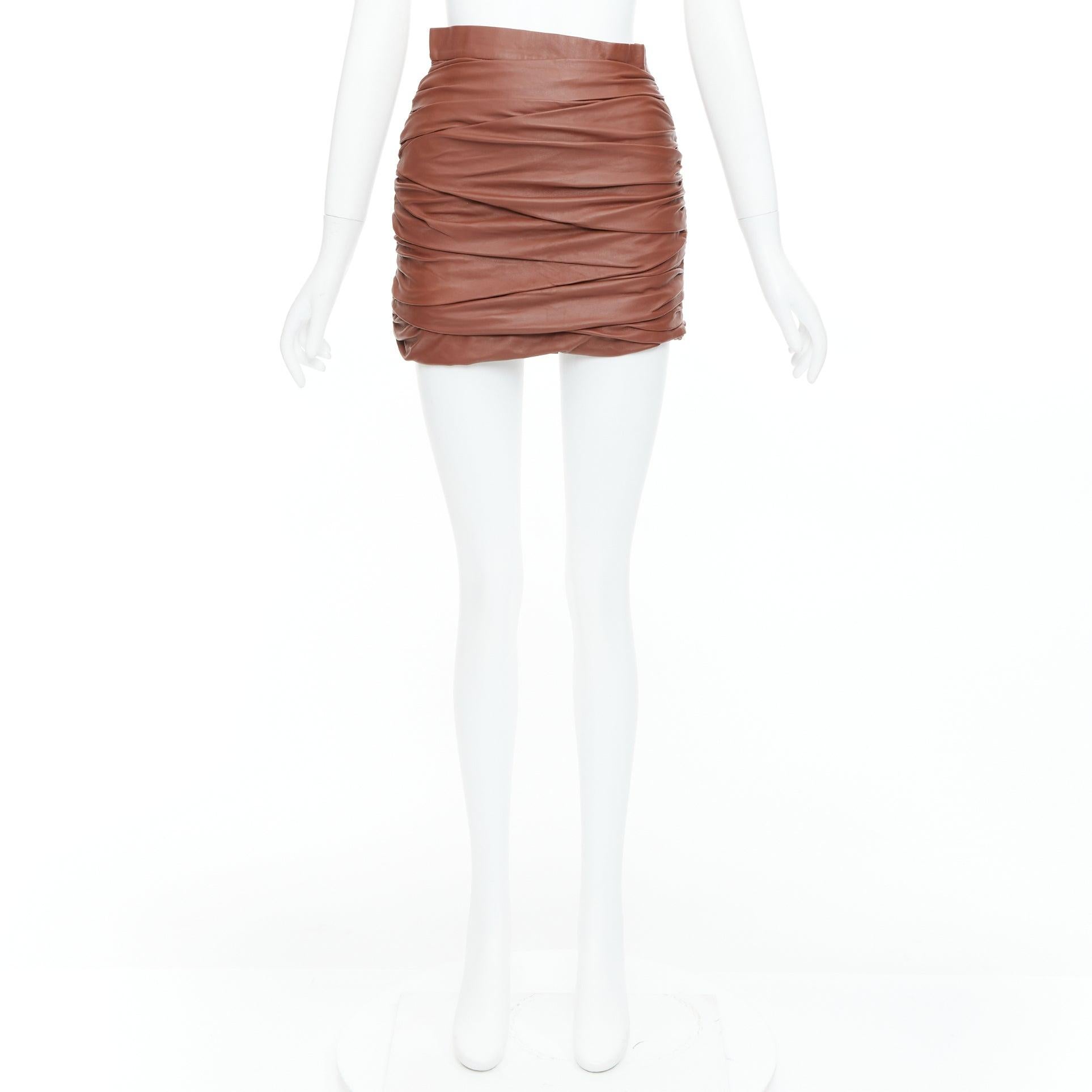 ZEYNEP ARCAY brown lambskin gathered ruched silk lined mini skirt FR34 XS For Sale 4