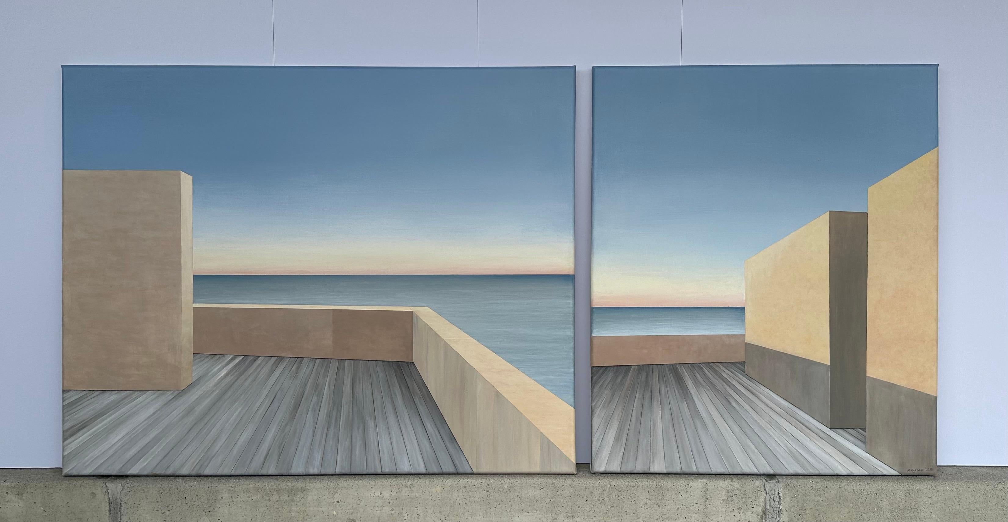 Ocean View from Terrace - Diptych, Original Painting For Sale 1