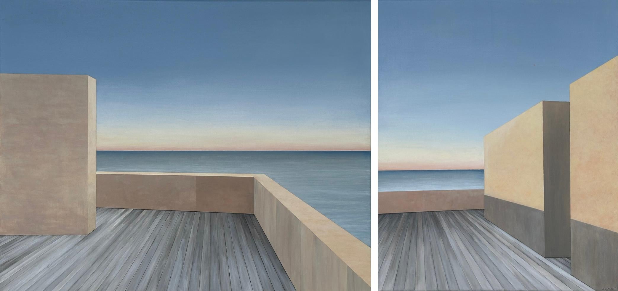 Zeynep Genc Interior Painting - Ocean View from Terrace - Diptych, Original Painting