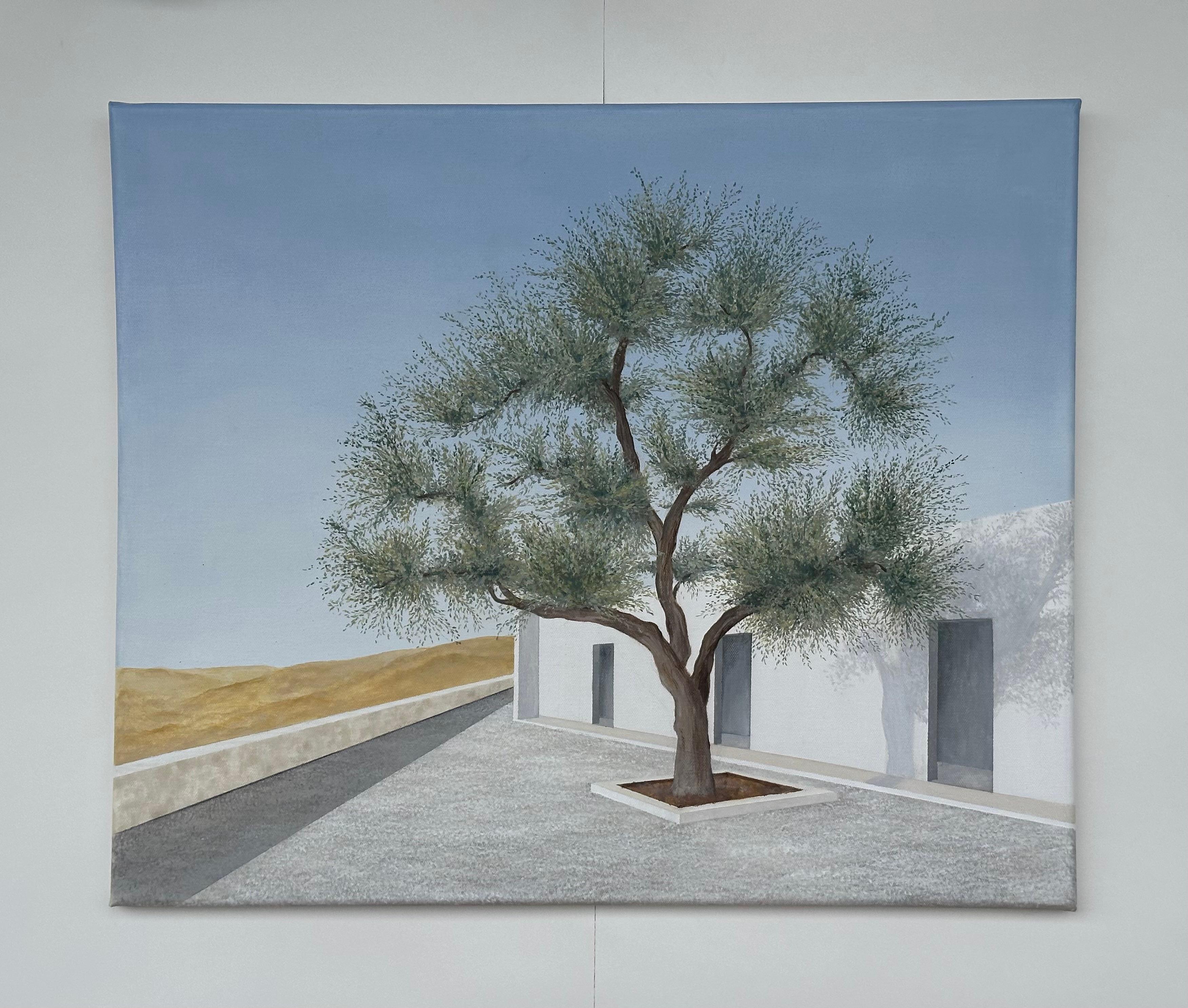 Tree d'olivier et Maison, peinture originale - Contemporain Painting par Zeynep Genc
