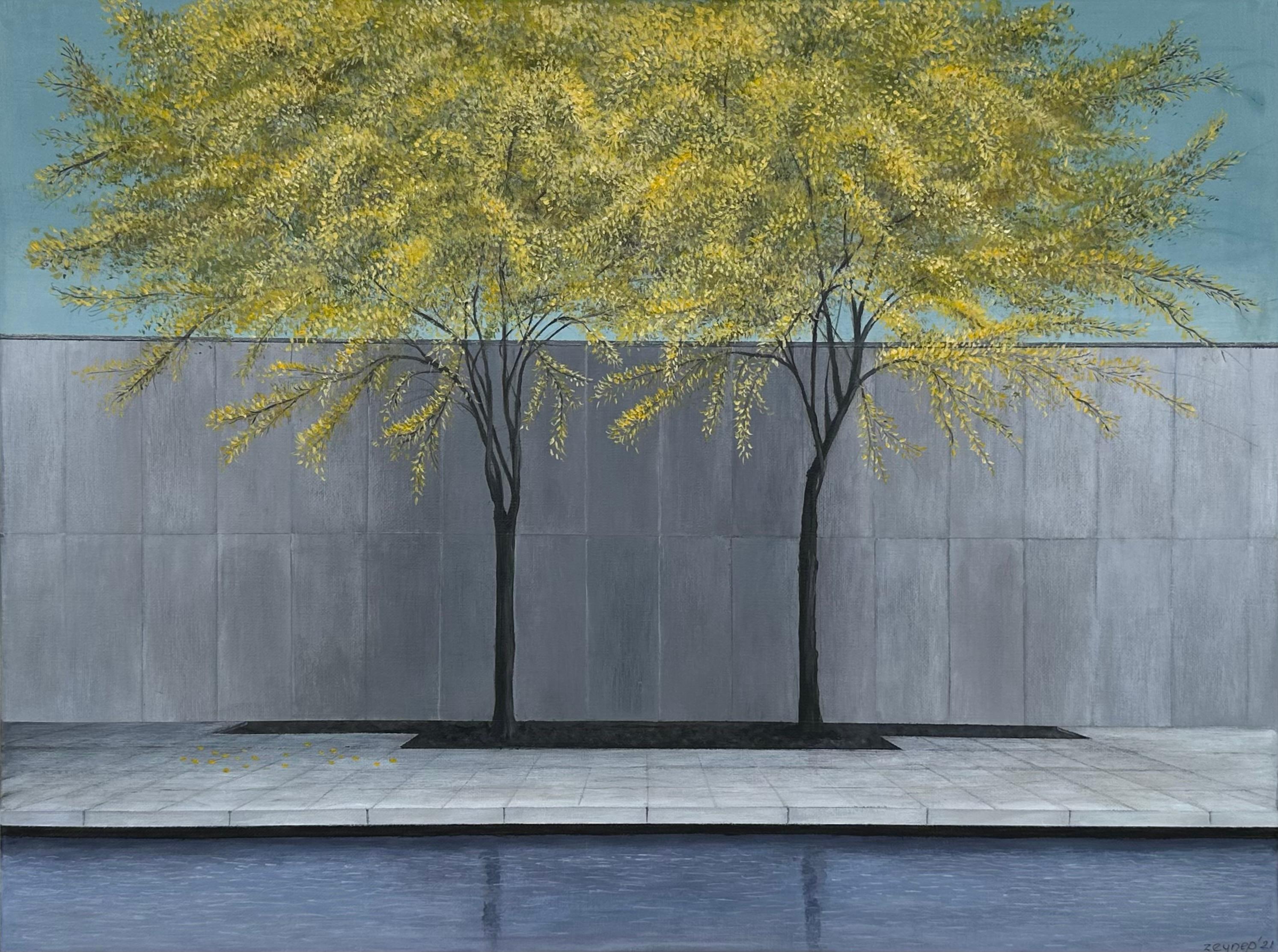 Zeynep Genc Interior Painting - Trees in MoMA Sculpture Garden, Original Painting