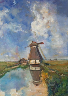 Huile sur toile impressionniste originale de Zeyu Zhang « Windmill ».