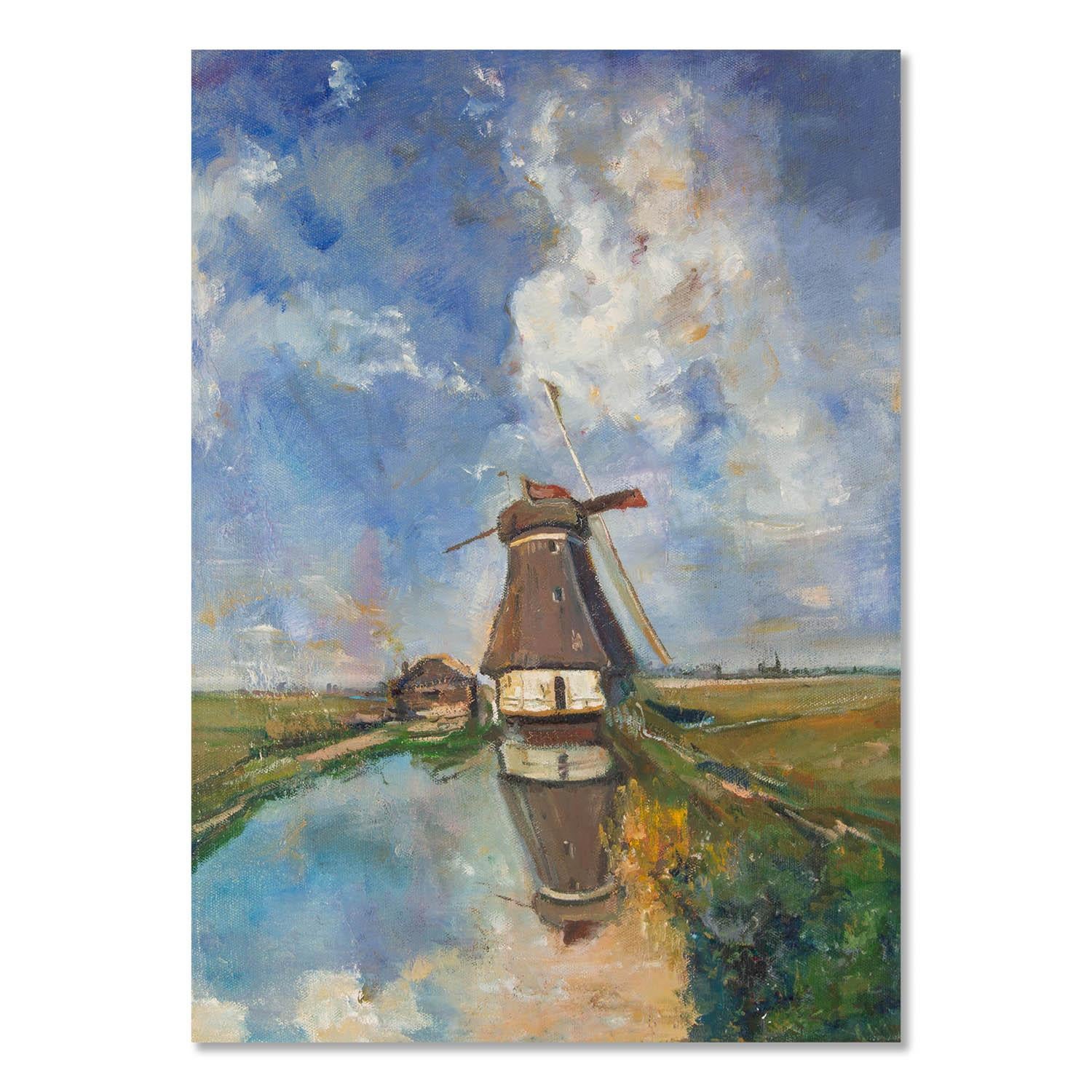  Title: Windmill
 Medium: Oil on canvas
 Size: 26 x 19 inches
 Frame: Framing options available!
 Condition: The painting appears to be in excellent condition.
 
 Year: 2000 Circa
 Artist: Zeyu Zhang
 Signature: Unsigned
 Signature Location: N/A
