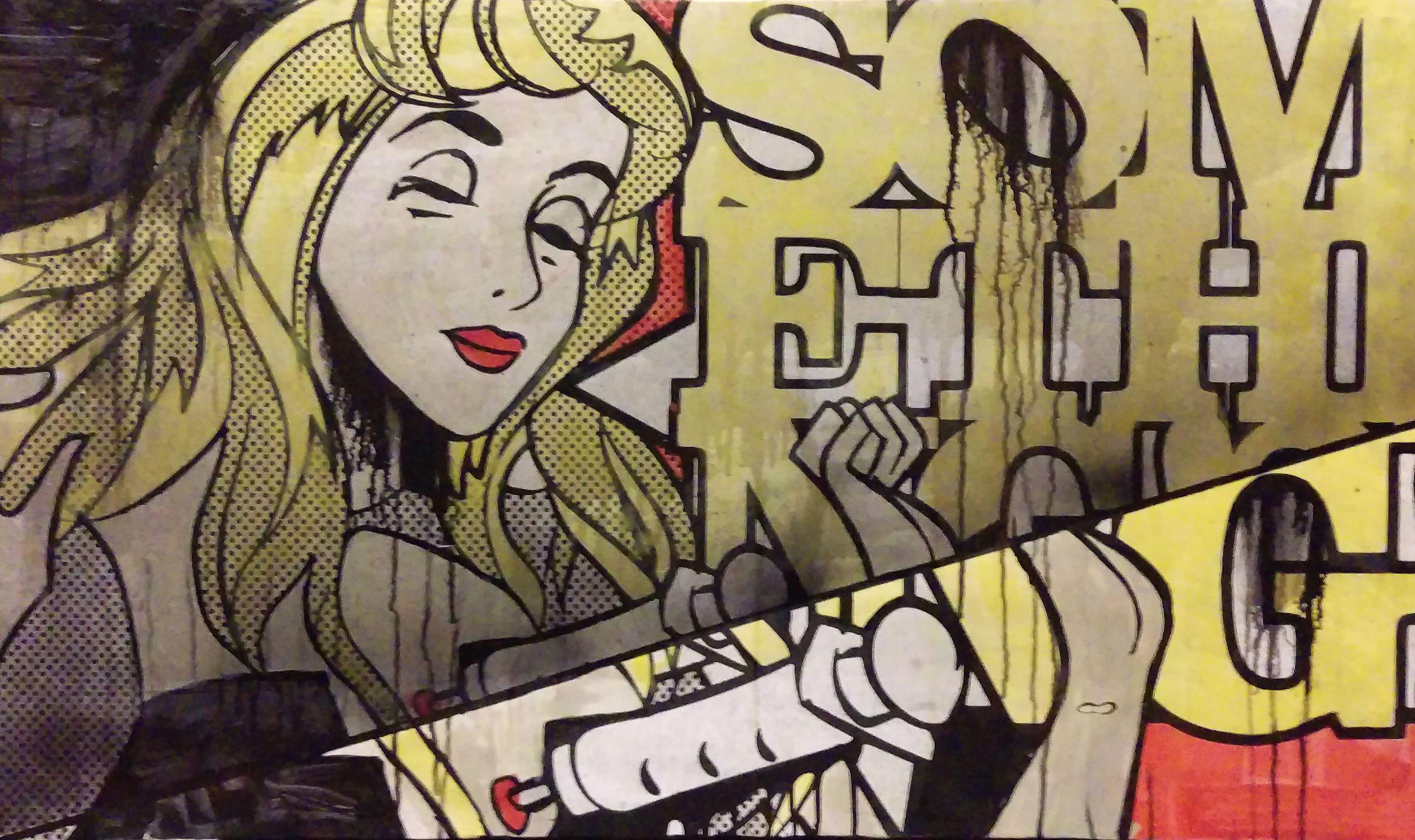 "Something" is a play on the Iconic Shot in the heart scene from the film Pulp Fiction. Sleeping Beauty plays the role of Mia Wallace.  :: Painting :: Pop-Art :: This piece comes with an official certificate of authenticity signed by the artist ::