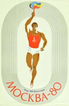 Affiche de sport originale vintage des Jeux olympiques de Moscou de 1980, Runner sur piste d'athlétisme