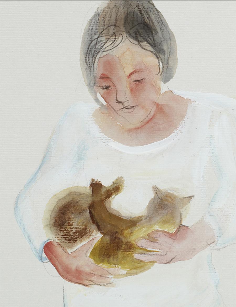 Peinture à l'aquarelle figurative expressionniste - Jeune femme tenant un chat - Gris Figurative Art par Zhang Chunyang