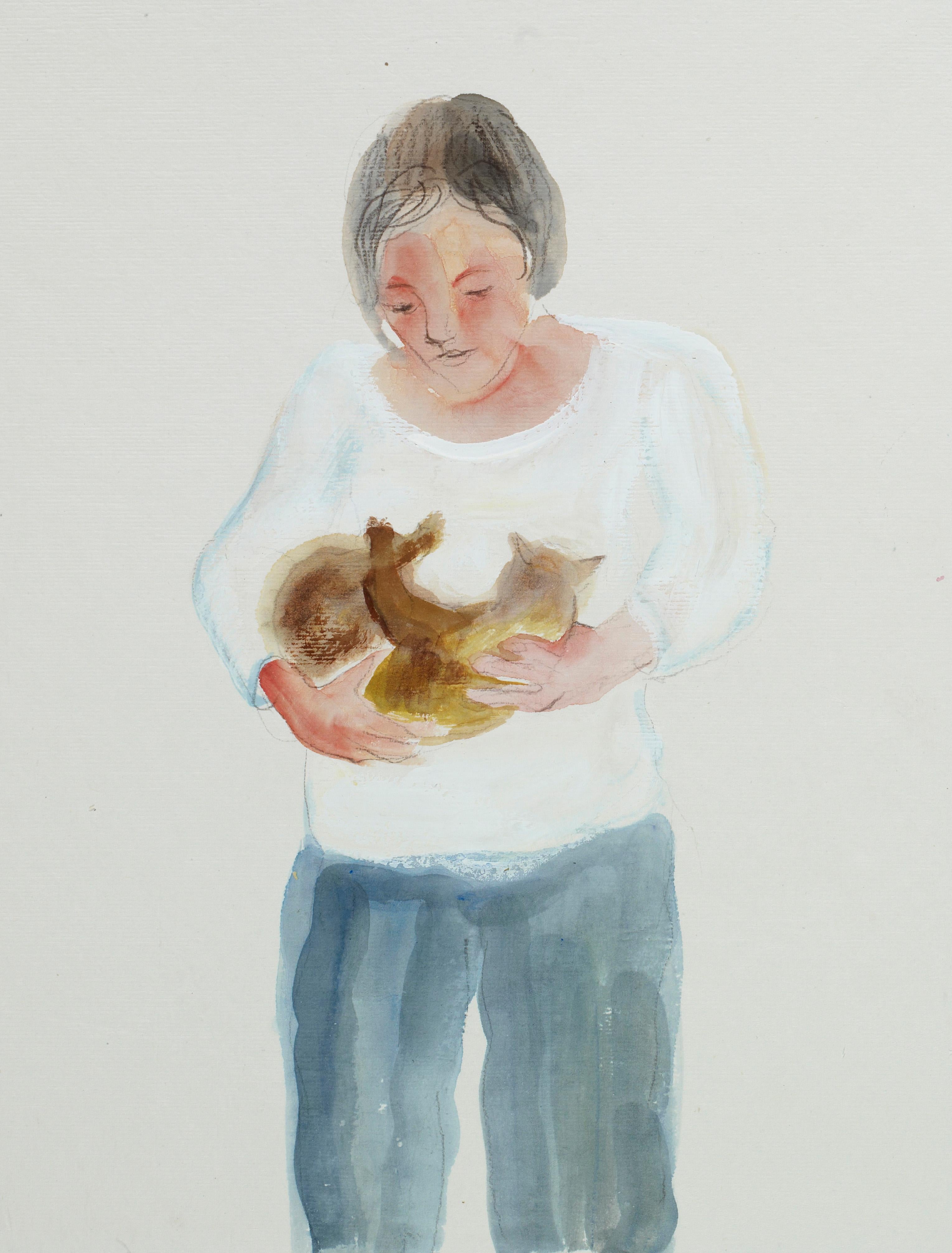 Figurative Art Zhang Chunyang - Peinture à l'aquarelle figurative expressionniste - Jeune femme tenant un chat