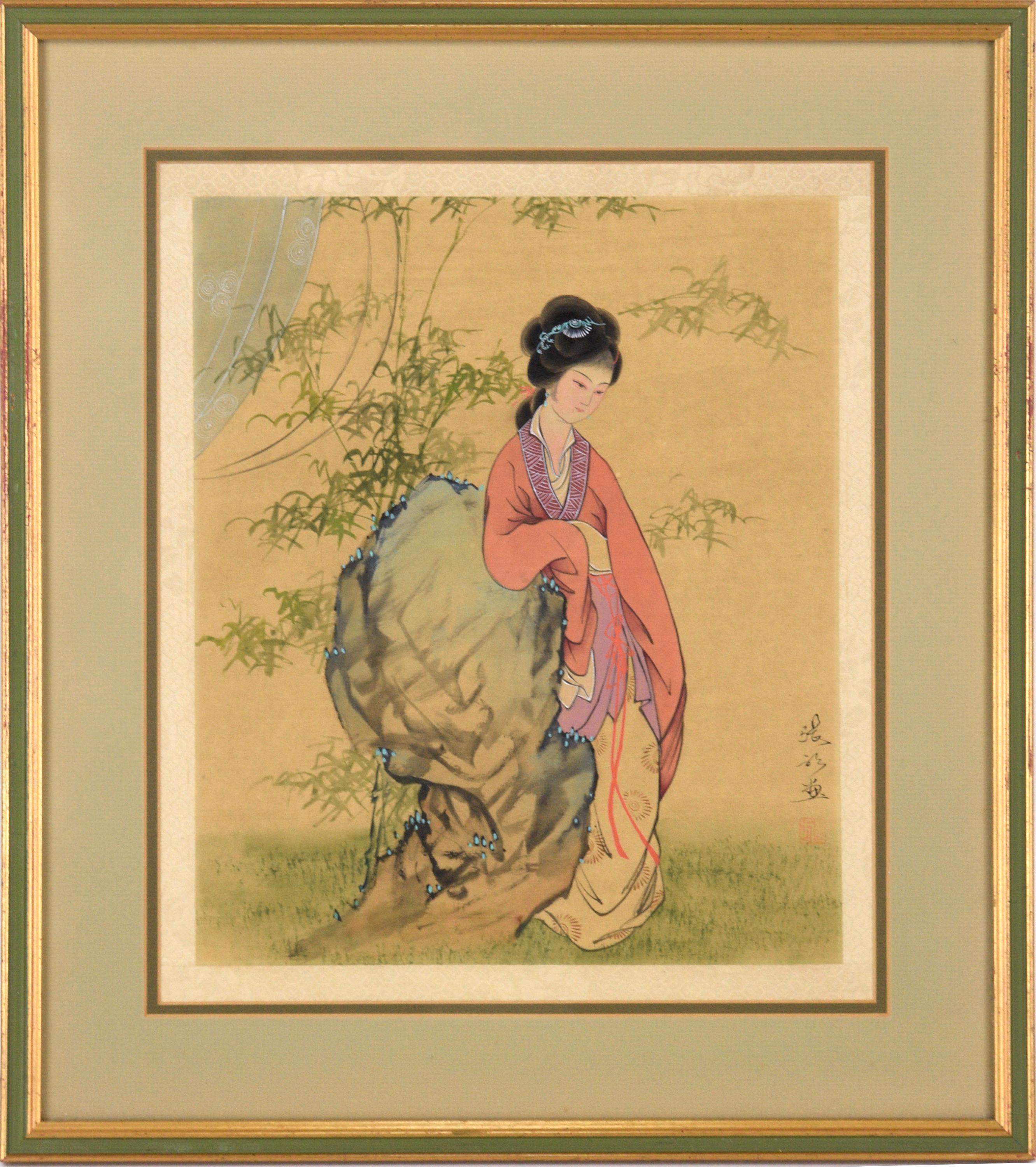 Portraits of Chinese Women on Silk (Pair) - Painting by Zhang Fang