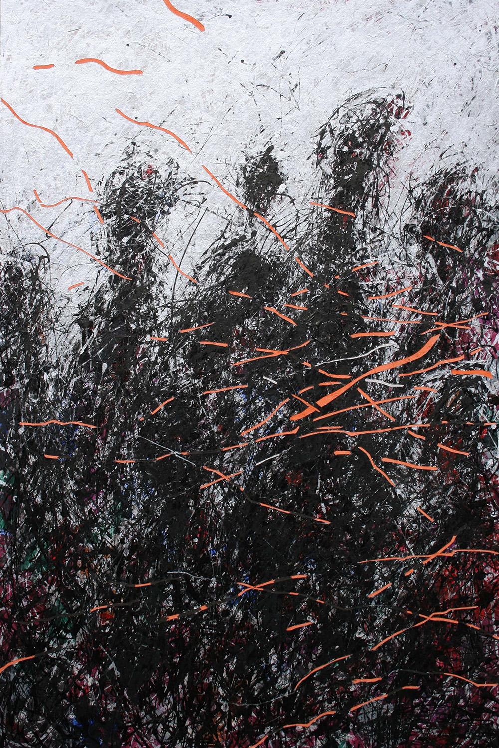 A Second 4 by Hongyu Zhang - Semi-abstract contemporary painting, black, orange