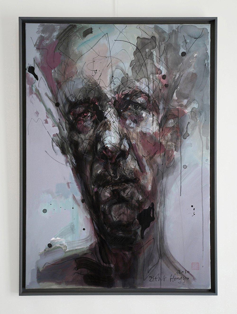 No. 120 by Hongyu Zhang - Contemporary portrait painting, abstract, face, grey - Gris Portrait Painting par Zhang Hongyu