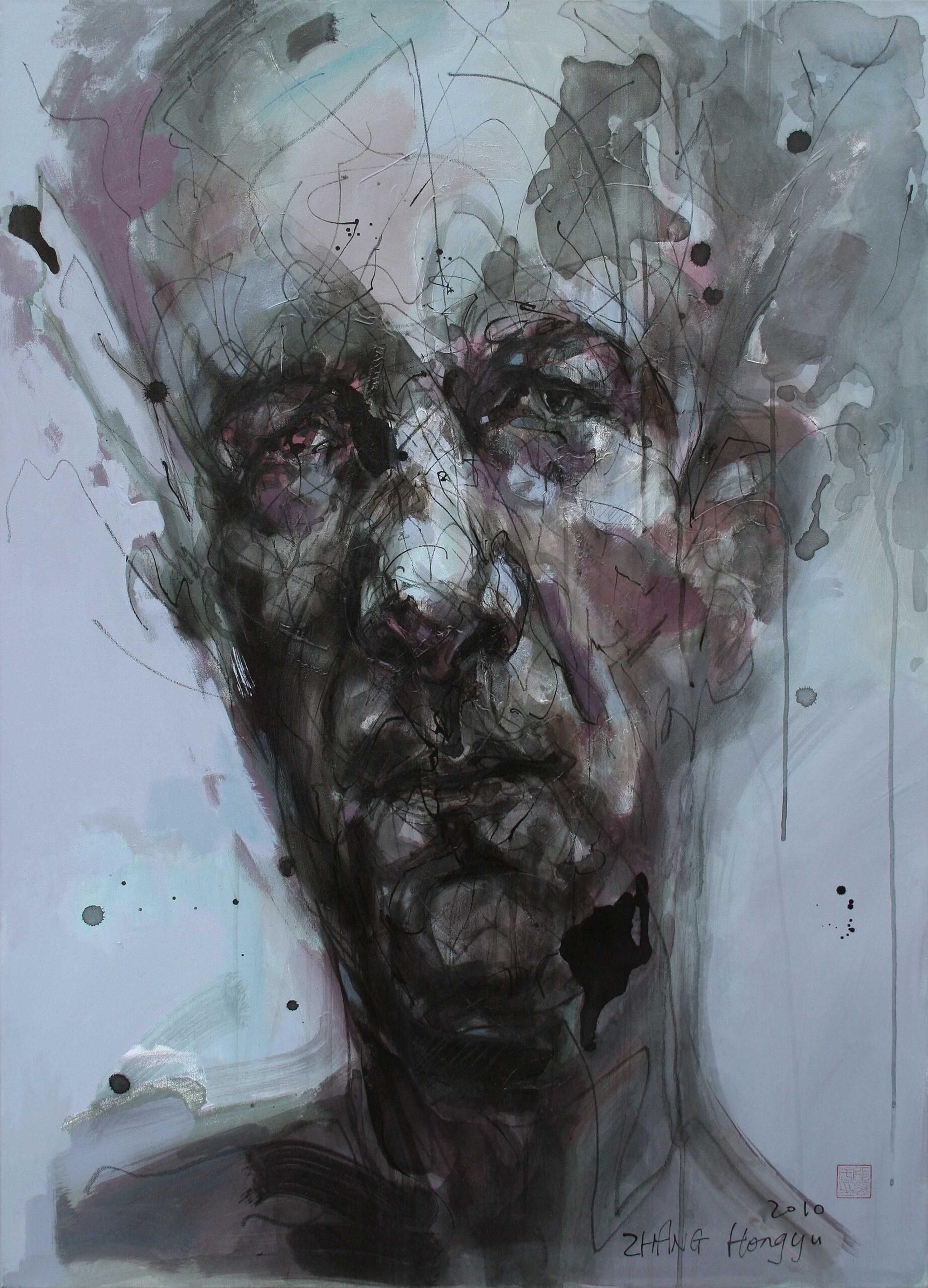 Nr. 120 von Hongyu Zhang - Zeitgenössische Porträtmalerei, abstrakt, Gesicht, grau – Painting von Zhang Hongyu