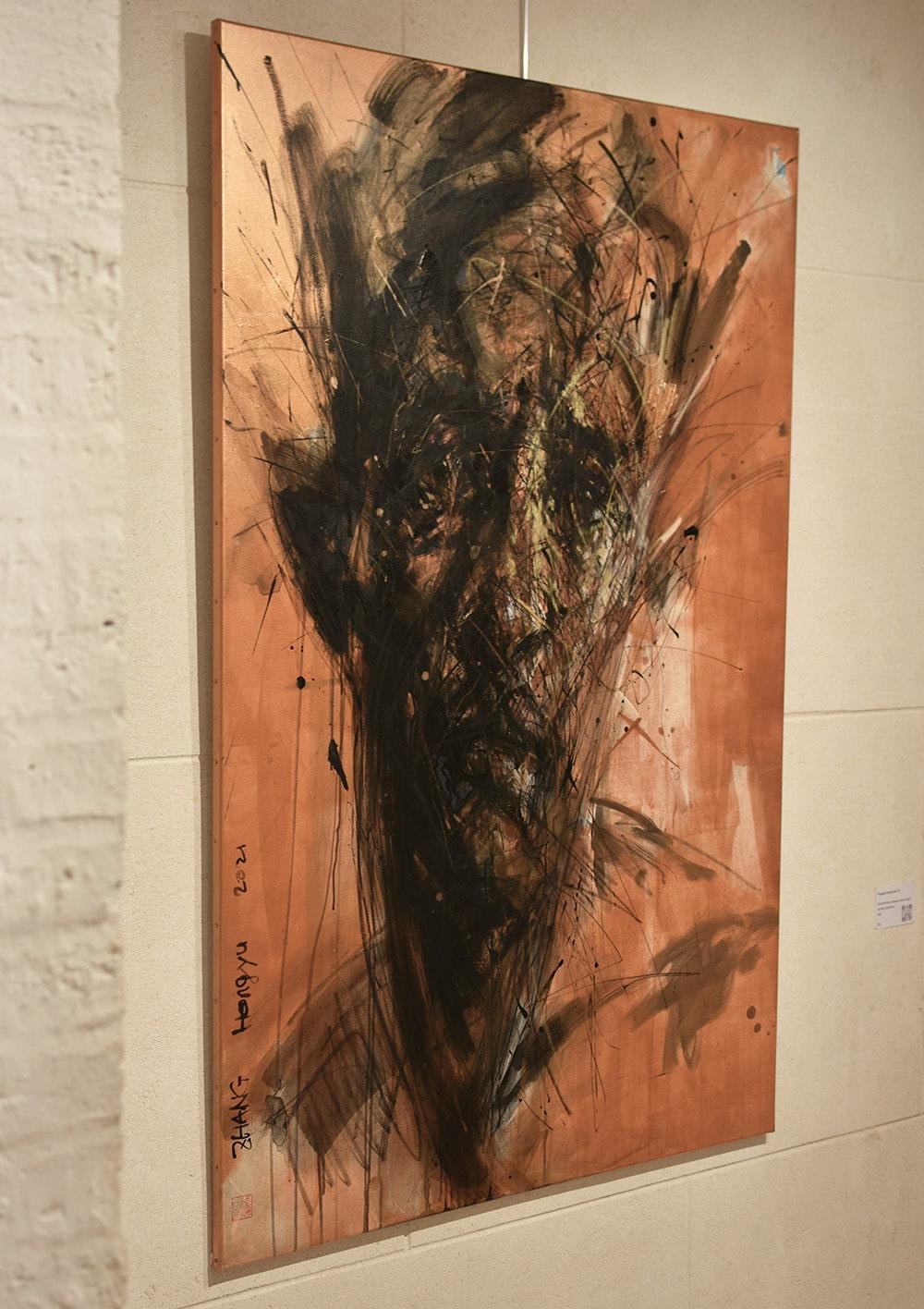 No. 200 by Hongyu Zhang - Contemporary portrait painting, mixed media, orange - Painting by Zhang Hongyu