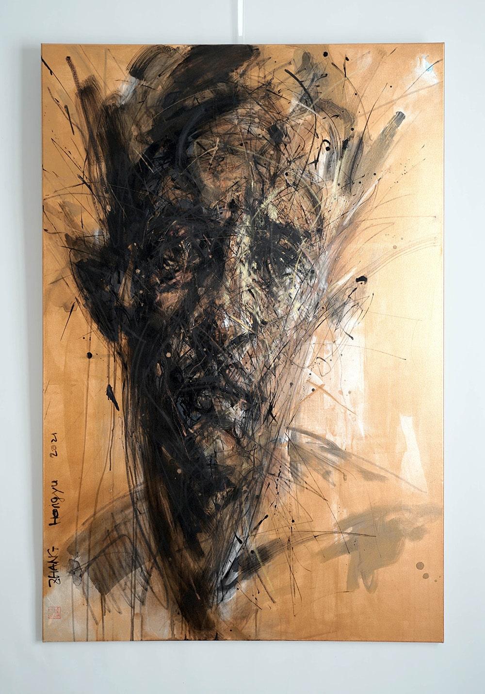 No. 200 by Hongyu Zhang - Contemporary portrait painting, mixed media, orange - Beige Figurative Painting by Zhang Hongyu