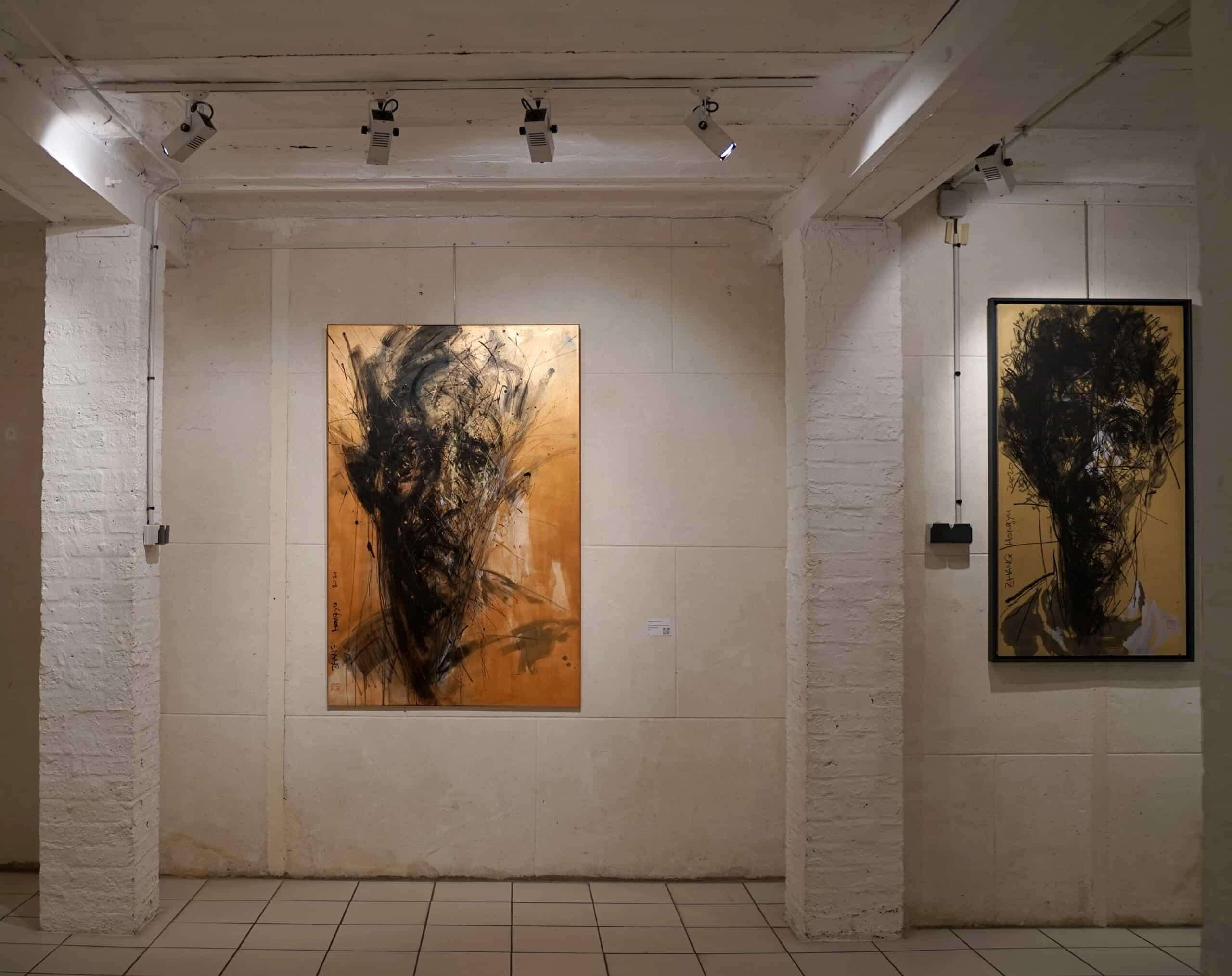 No. 200 by Hongyu Zhang - Contemporary portrait painting, mixed media, orange For Sale 1