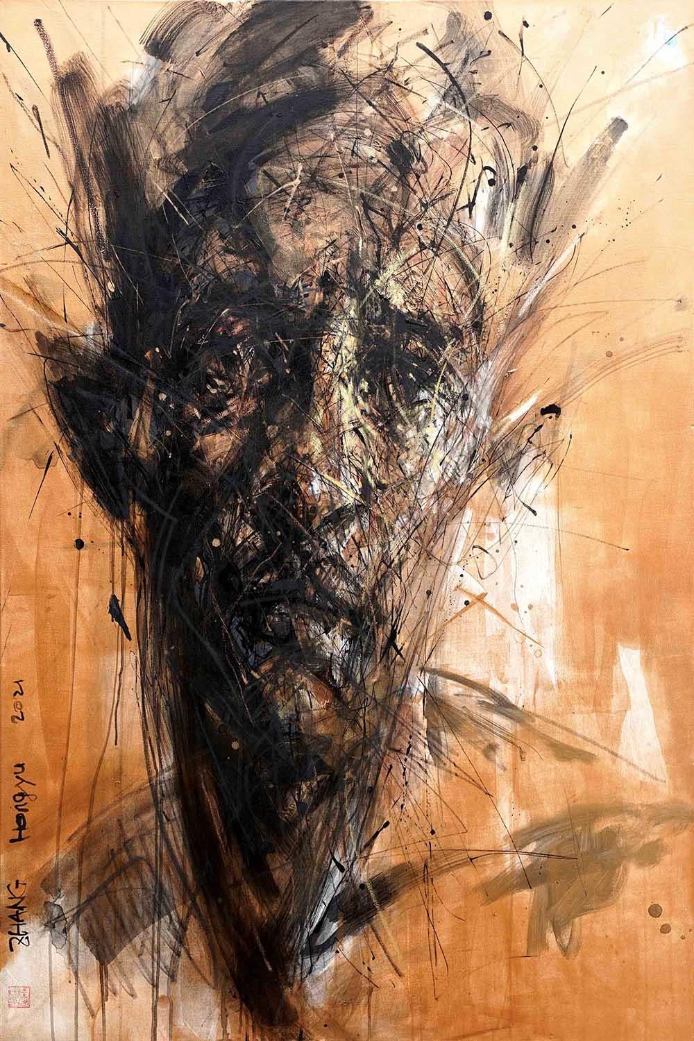 Zhang Hongyu Figurative Painting - No. 200 by Hongyu Zhang - Contemporary portrait painting, mixed media, orange