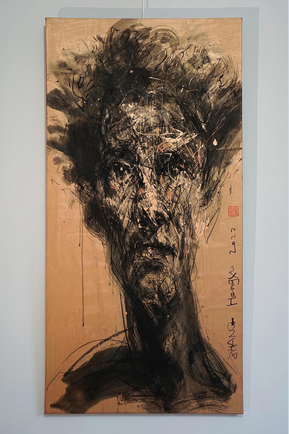 No. 206 is a unique painting by contemporary artist Hongyu Zhang. The painting is made with India ink, charcoal, pastel and acrylic on kraft paper mounted on canvas, dimensions are 120 × 60 cm (47.2 × 23.6 in). 
The artwork is signed, sold unframed
