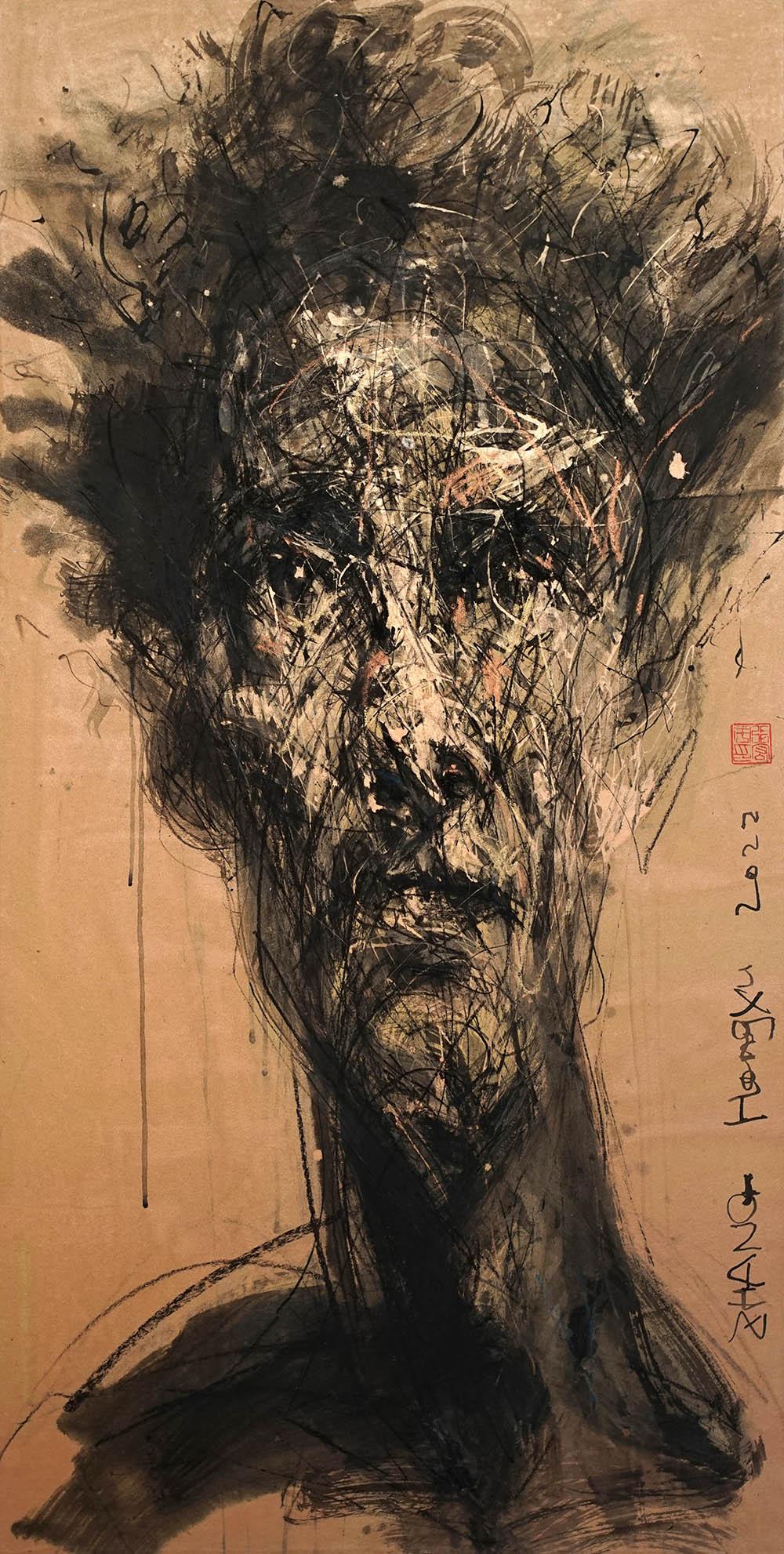 Zhang Hongyu Portrait Painting - No. 206 by Hongyu Zhang - Contemporary portrait painting, mixed media, orange