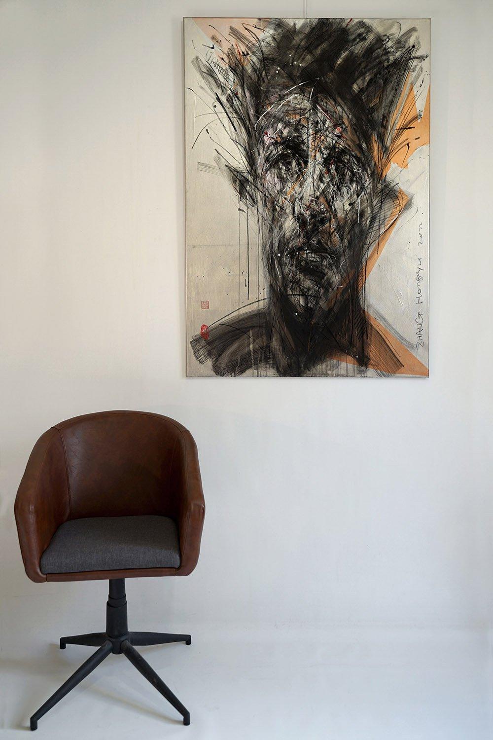 No. 209 by Hongyu Zhang - Contemporary portrait painting, mixed media, orange - Painting by Zhang Hongyu