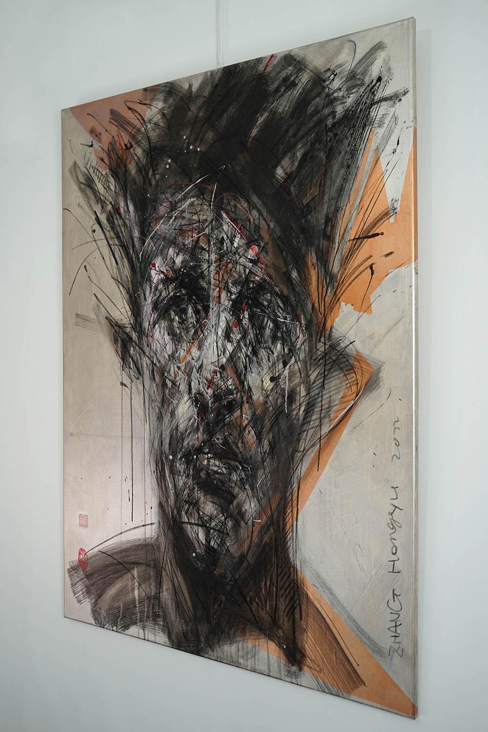 No. 209 by Hongyu Zhang - Contemporary portrait painting, mixed media, orange - Gray Figurative Painting by Zhang Hongyu