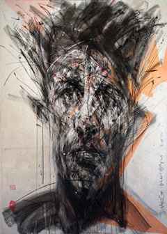 No. 209 by Hongyu Zhang - Contemporary portrait painting, mixed media, orange