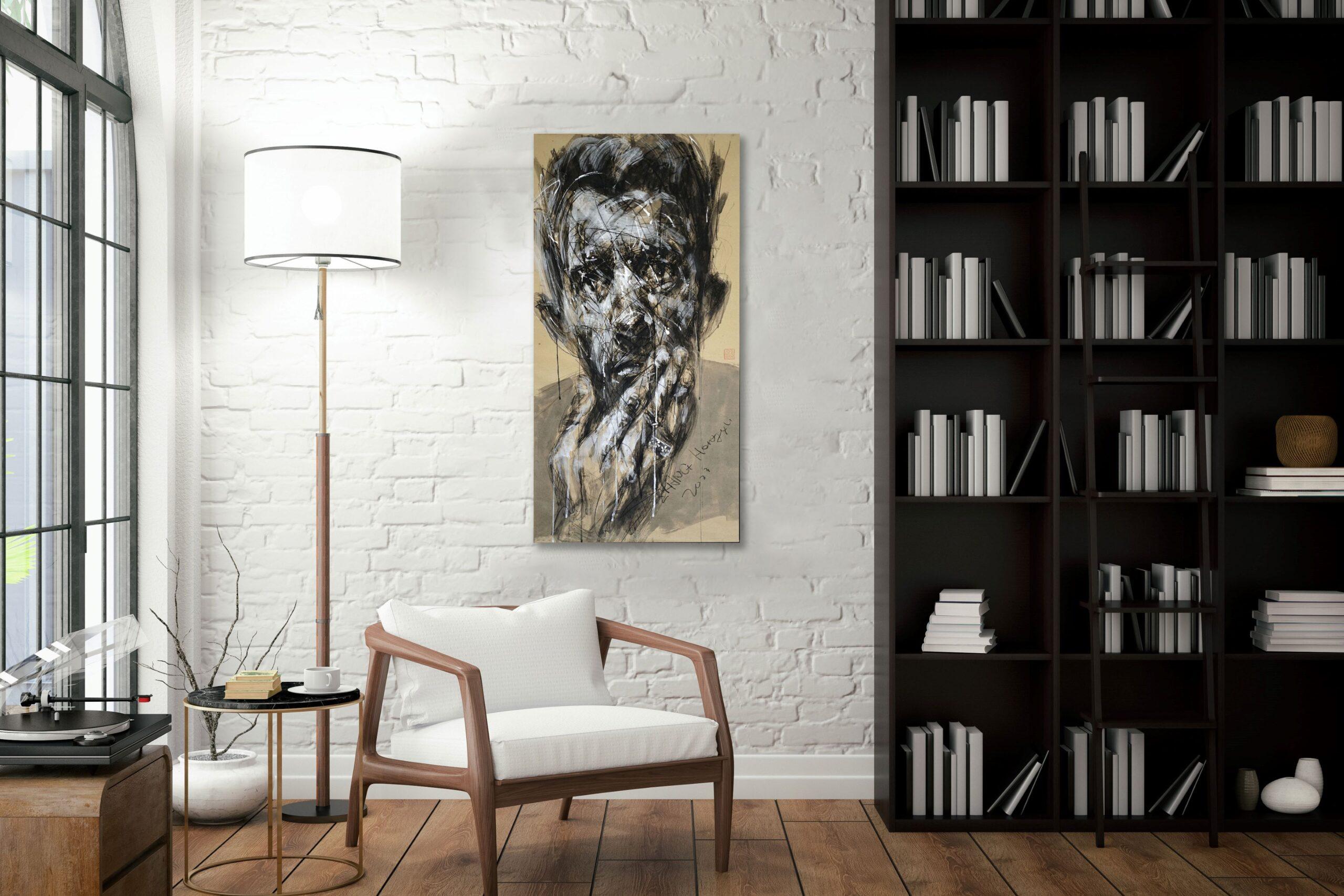 No. 215 is a unique painting by contemporary artist Hongyu Zhang. The painting is made with Indian ink and charcoal on paper mounted on canvas, dimensions are 120 × 60 cm (47.2 × 23.6 in). Dimensions of the framed artwork are 125 x 65 cm (49.2 x