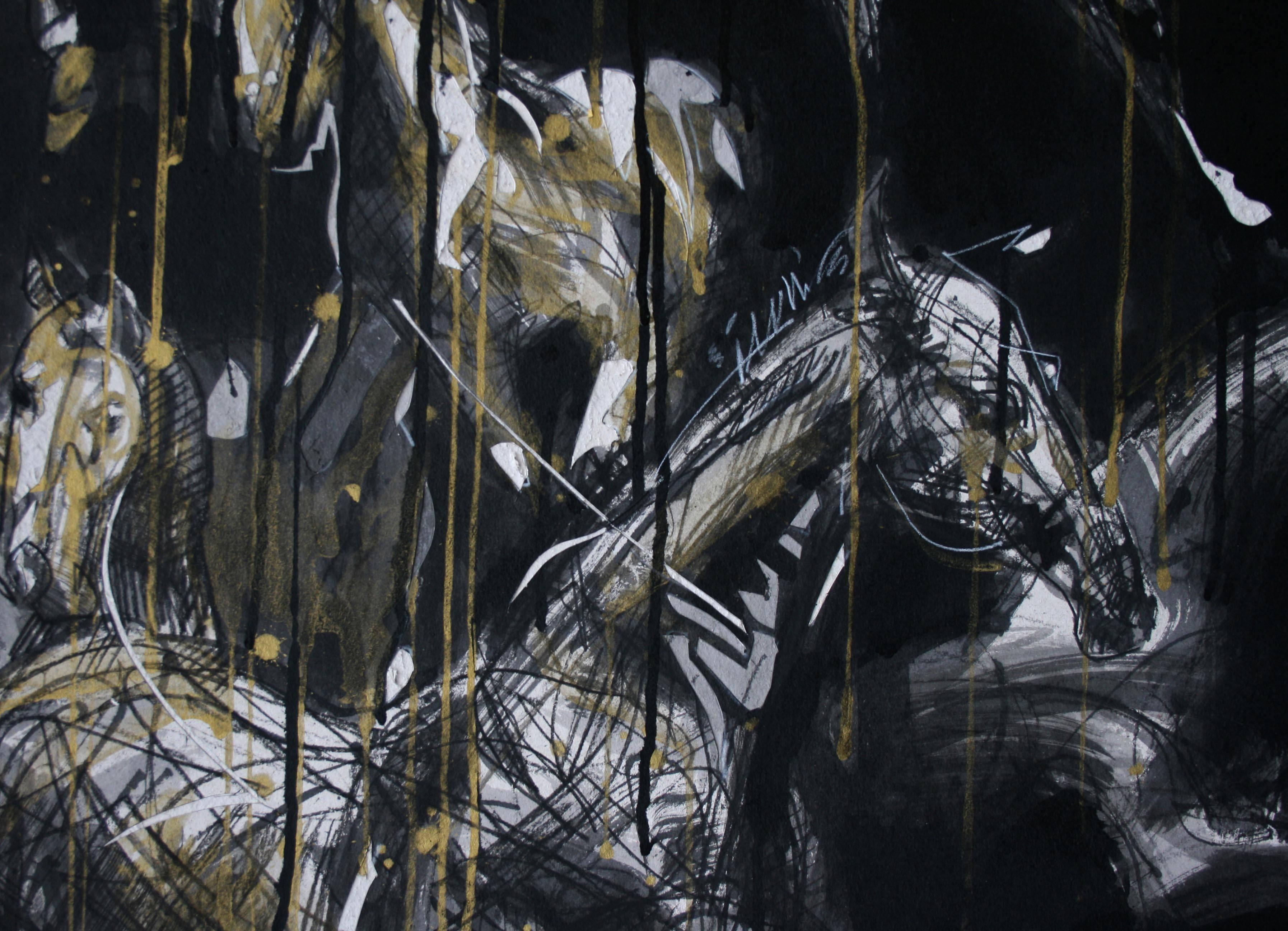 Nocturnal Melody 2 is a unique painting by contemporary artist Hongyu Zhang. The painting is made with Indian Ink, pastel and acrylic; etching on cardboard mounted on stretcher; dimensions are 140 × 100 cm (55.1 × 39.4 in). 
The artwork is signed,