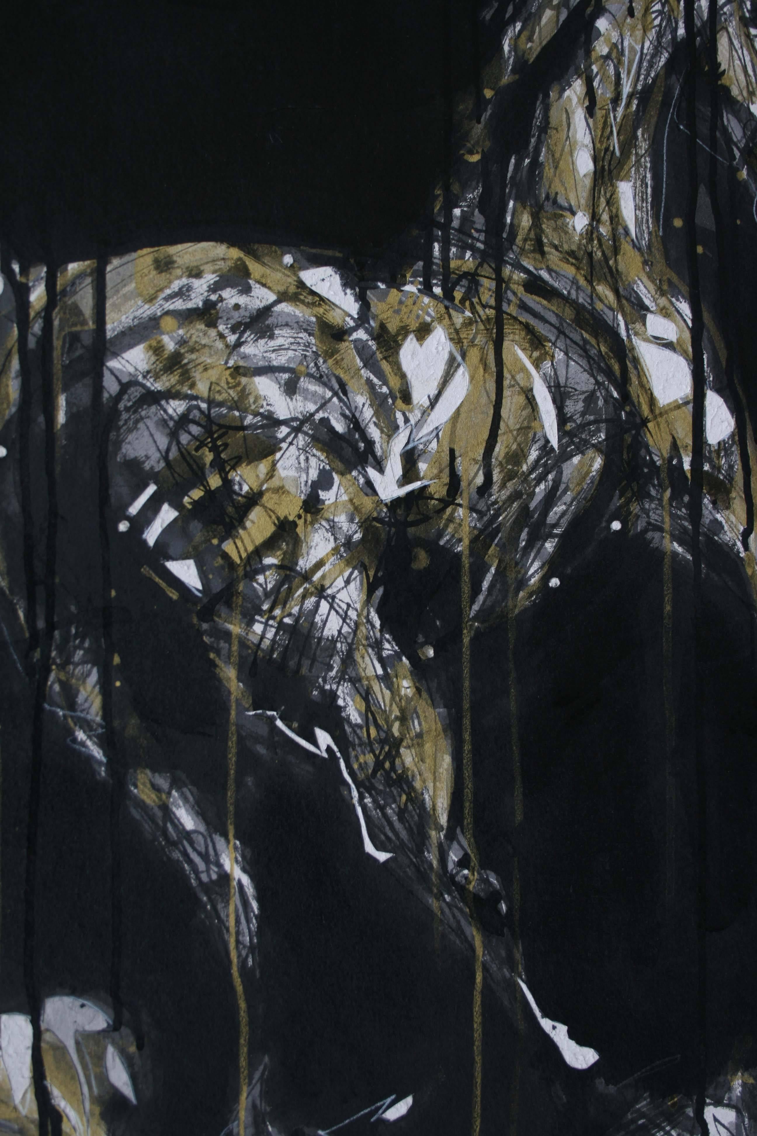 Melodía nocturna 2 de Hongyu Zhang - Pintura contemporánea sobre animales, caballo, noche - Animal Painting Negro de Zhang Hongyu