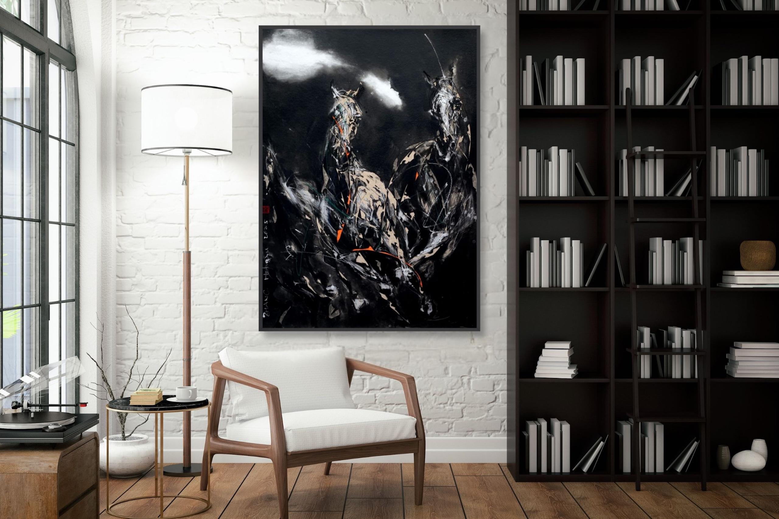 Melodía nocturna 25 de Zhang Hongyu - pintura de animales, caballos corriendo, oscuridad en venta 2