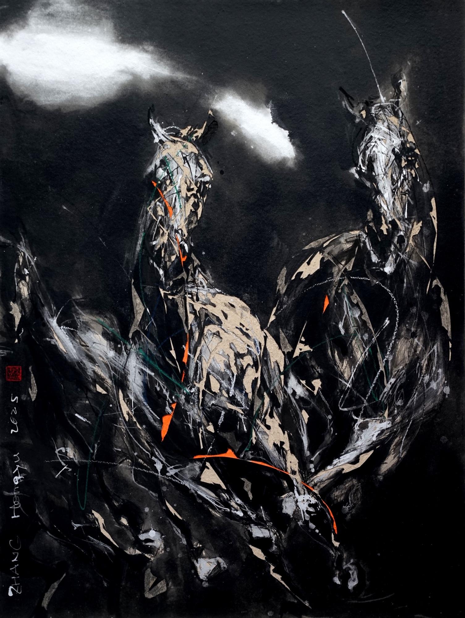 Nocturnal Melody 25 ist ein einzigartiges Gemälde des zeitgenössischen Künstlers Hongyu Zhang. Das Gemälde wurde mit Tusche, Acryl, Kohle, Pastell und Radierung auf Graukarton auf Leinwand gemalt und hat die Maße 130 × 97 cm (51,2 × 38,2 in). Die