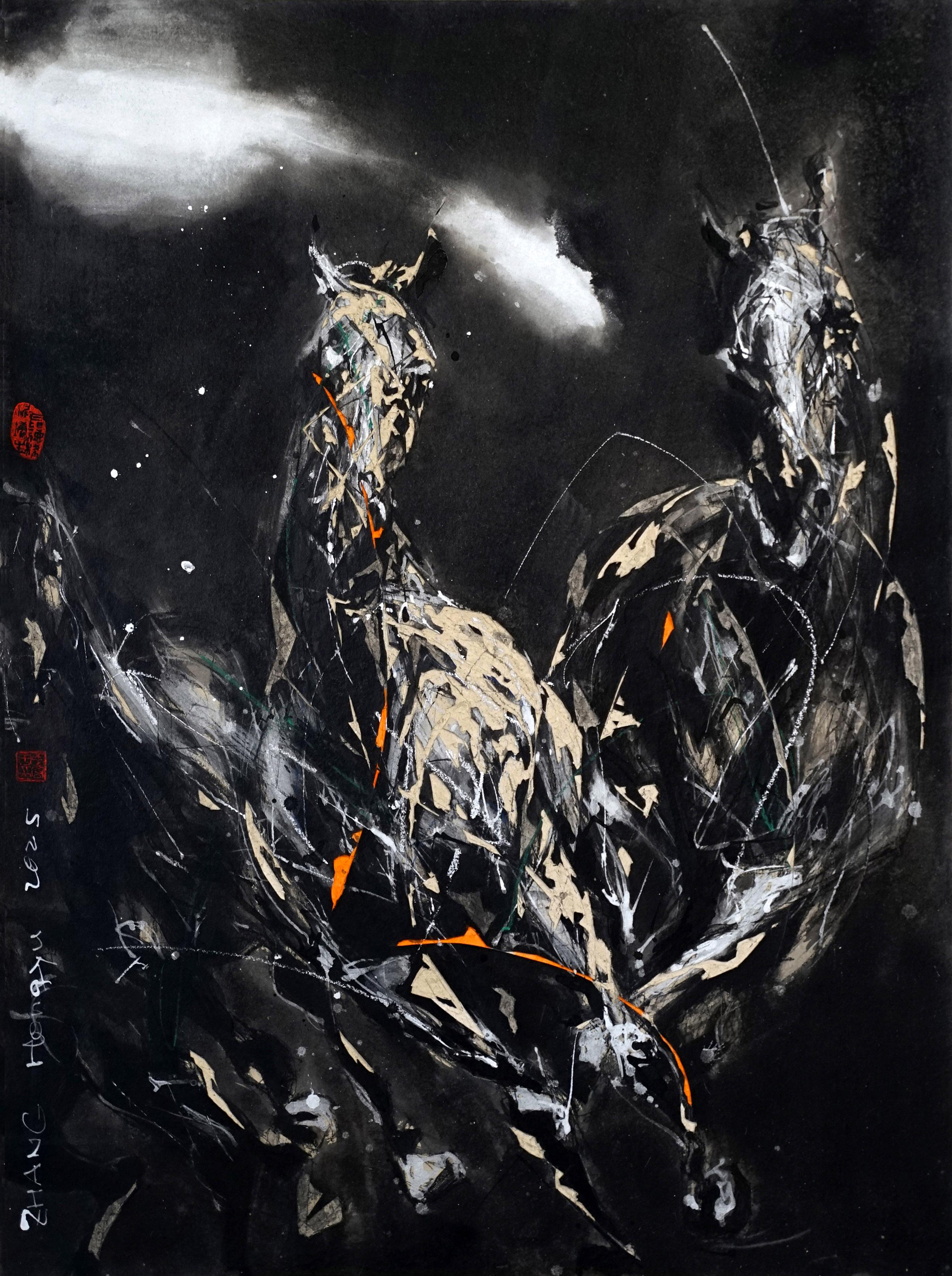 Melodía nocturna 25 de Zhang Hongyu - pintura de animales, caballos corriendo, oscuridad