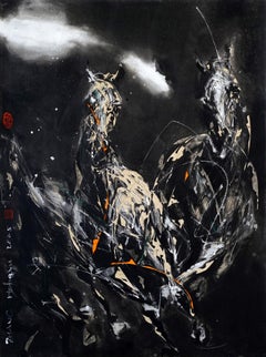 Nocturnal Melody 25 par Zhang Hongyu - peinture animalière, chevaux courant, obscurité