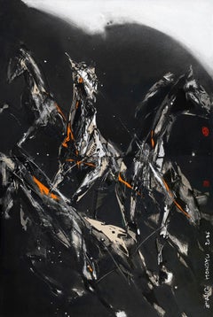 Nocturnal Melody 26 by Zhang Hongyu - animal painting, running horses, dark