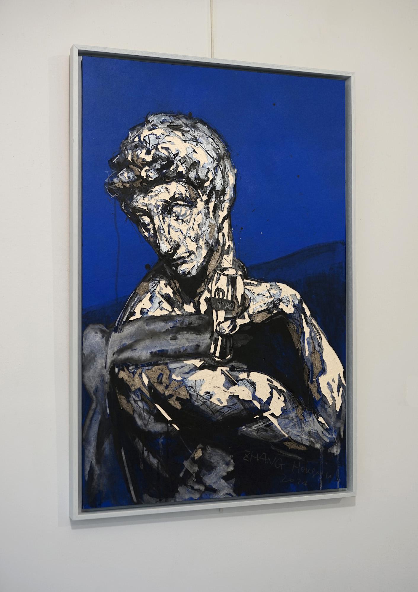 Tribute to Artists 18 by Zhang Hongyu - Contemporary portrait painting, blue For Sale 1
