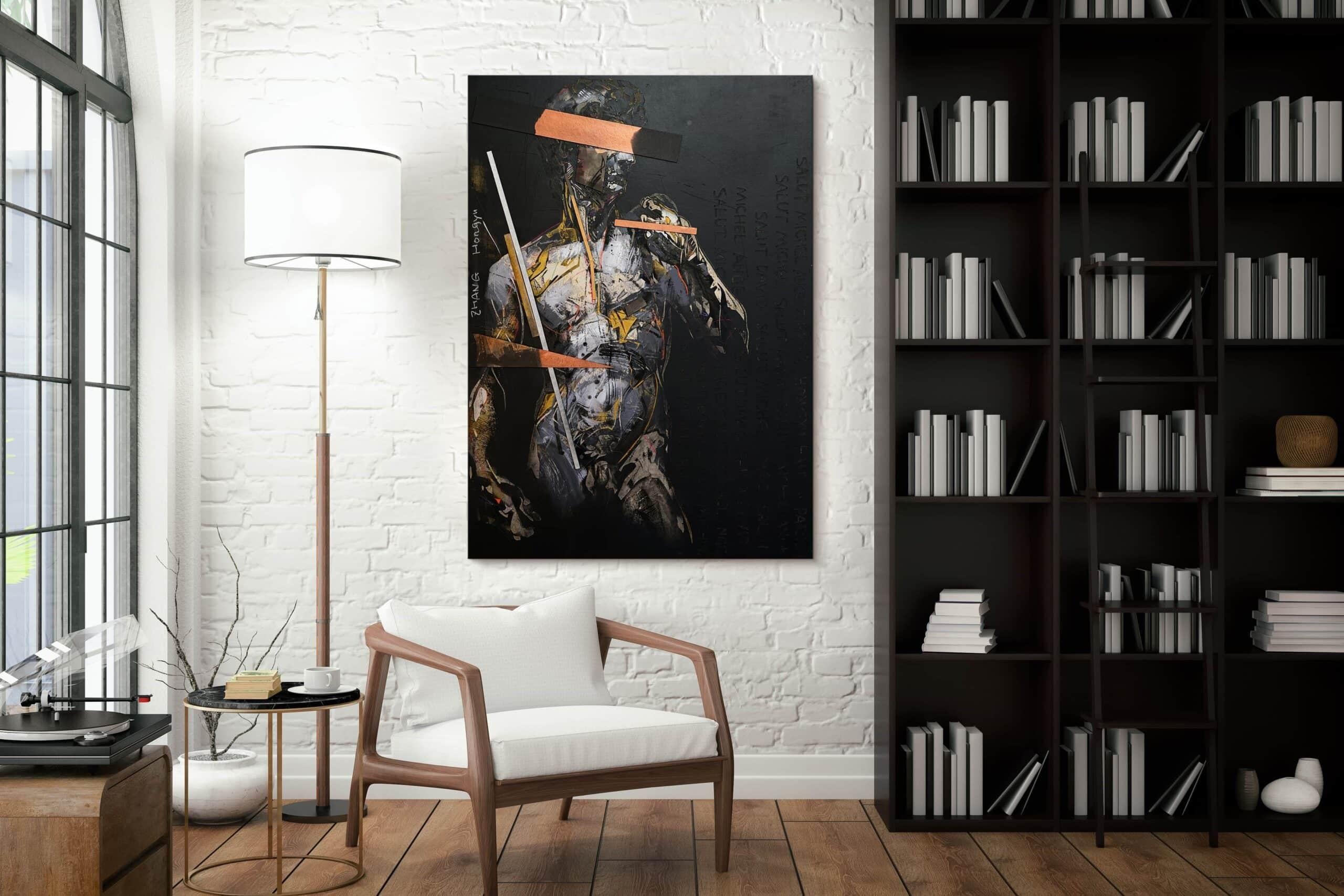 Tribute to Michelangelo III is a unique painting by contemporary artist Hongyu Zhang. The painting is made with Indian ink, pastel, acrylic, engraving and collage on cardboard mounted on canvas, dimensions are 140 × 100 cm (55.1 × 39.4 in). 
The
