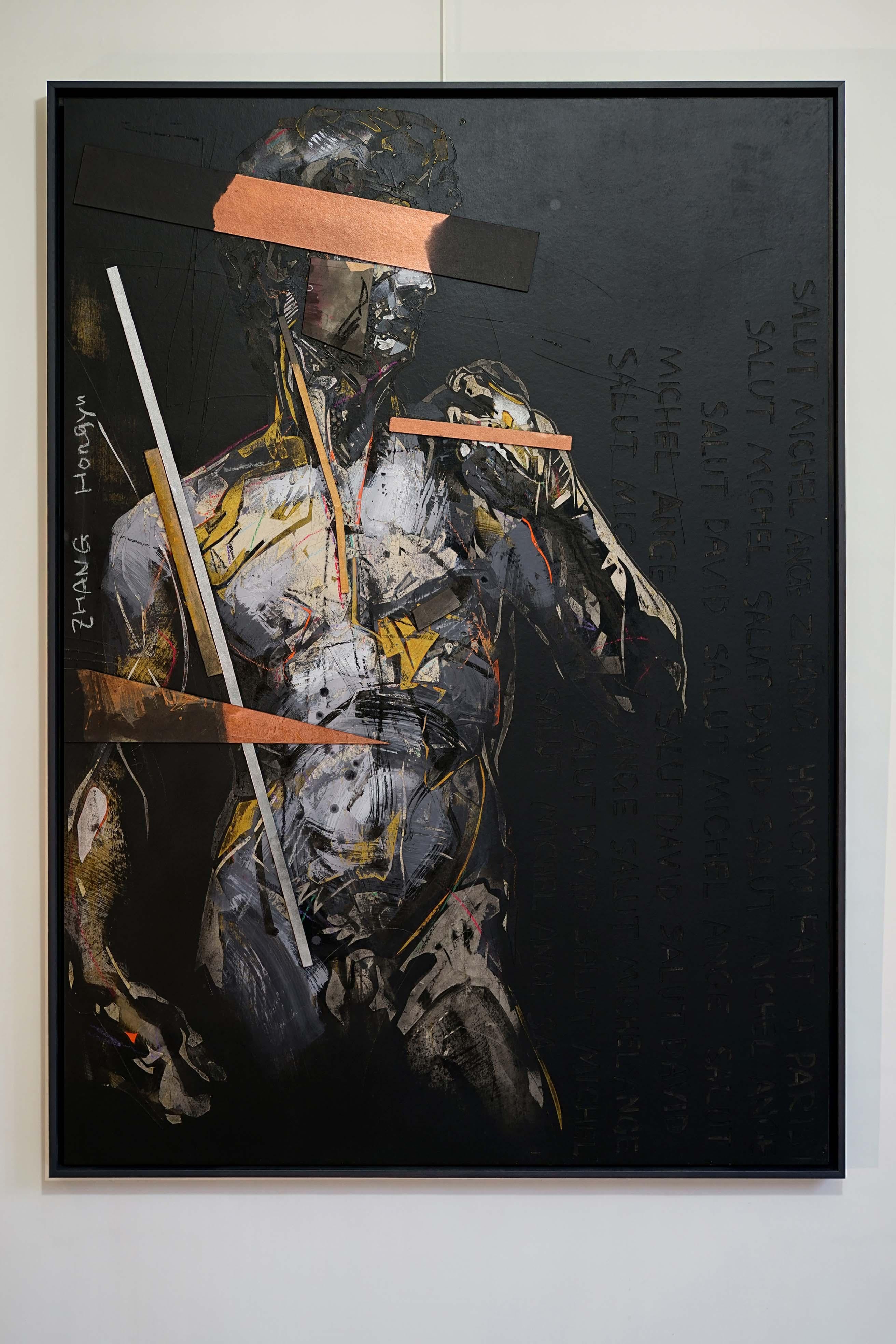 Tribute to Michelangelo III is a unique painting by contemporary artist Hongyu Zhang. The painting is made with Indian ink, pastel, acrylic, engraving and collage on cardboard mounted on canvas, dimensions are 140 × 100 cm (55.1 × 39.4 in). 
The