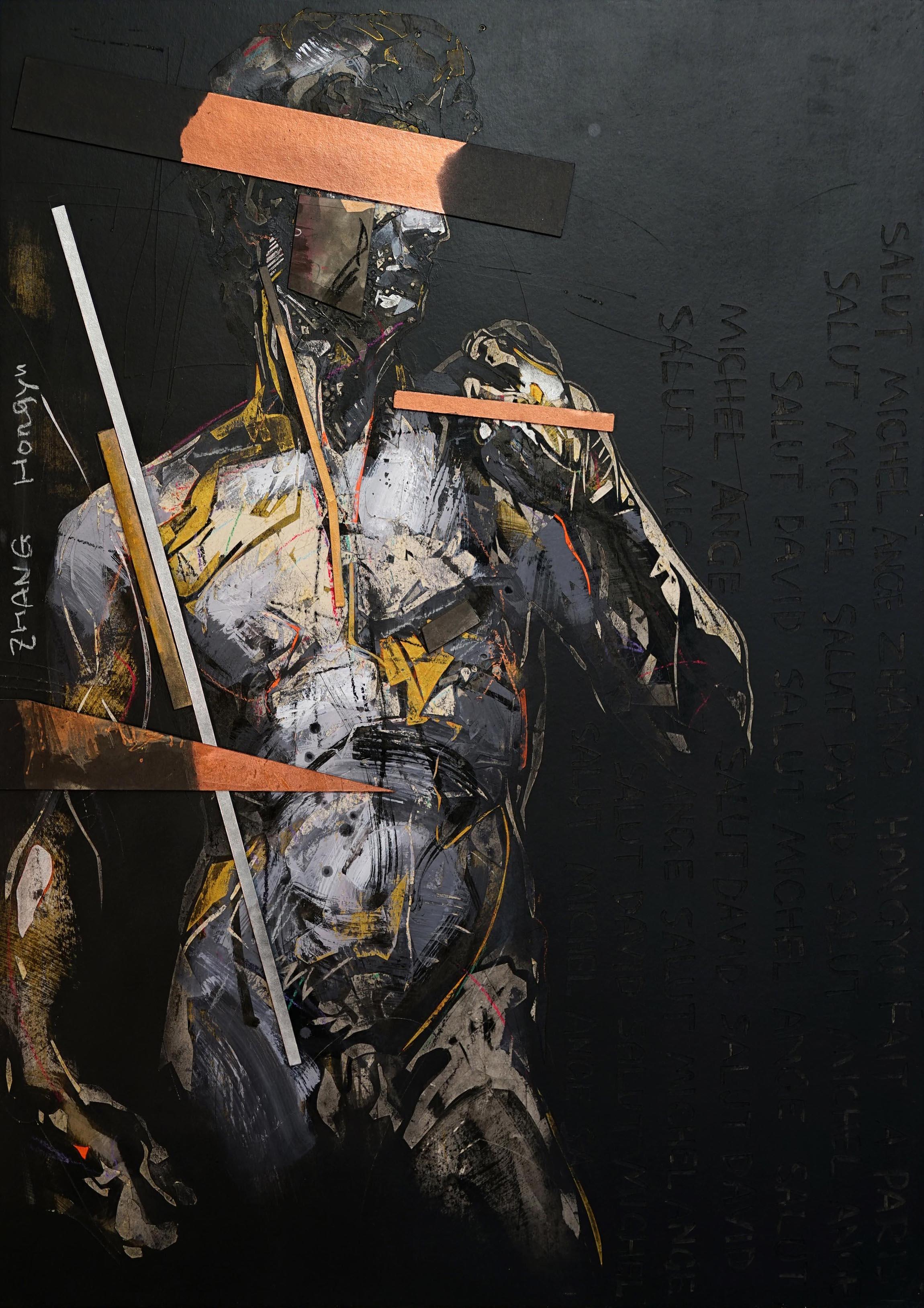 Tribute to Michelangelo III is a unique painting by contemporary artist Hongyu Zhang. The painting is made with Indian ink, pastel, acrylic, engraving and collage on cardboard mounted on canvas, dimensions are 140 × 100 cm (55.1 × 39.4 in). 
The