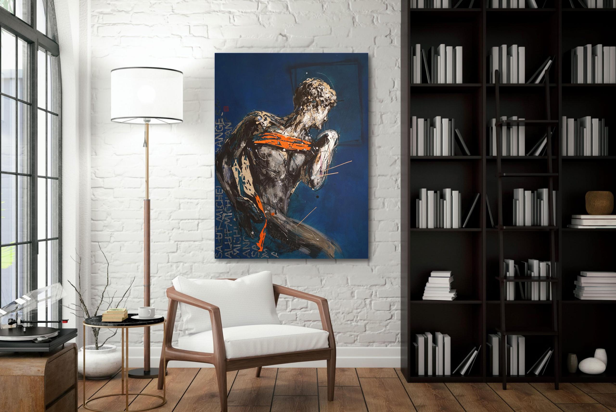 Hommage à Michel-Ange IV par Zhang Hongyu - technique mixte et gravure bleue en vente 1