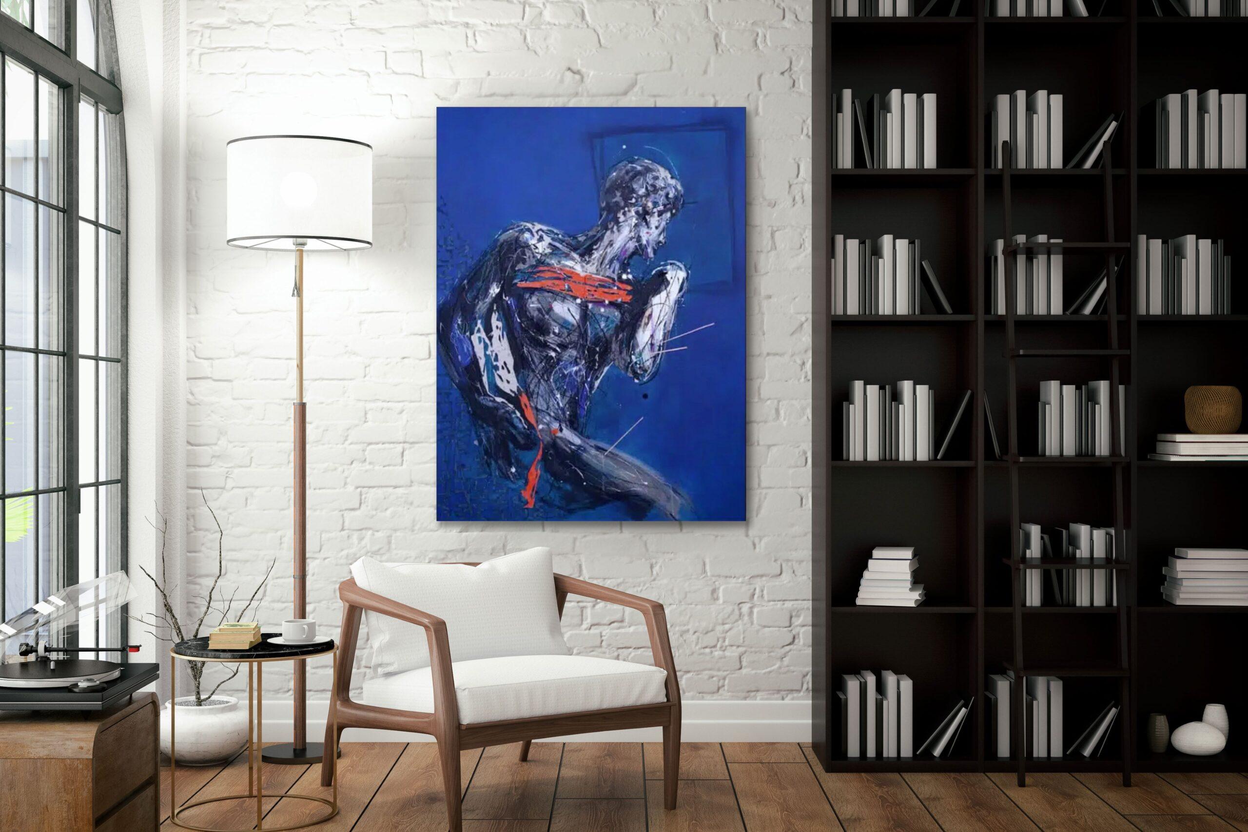 Tribute an Michelangelo IV. von Zhang Hongyu – Mischtechnik und Gravur, blau im Angebot 1
