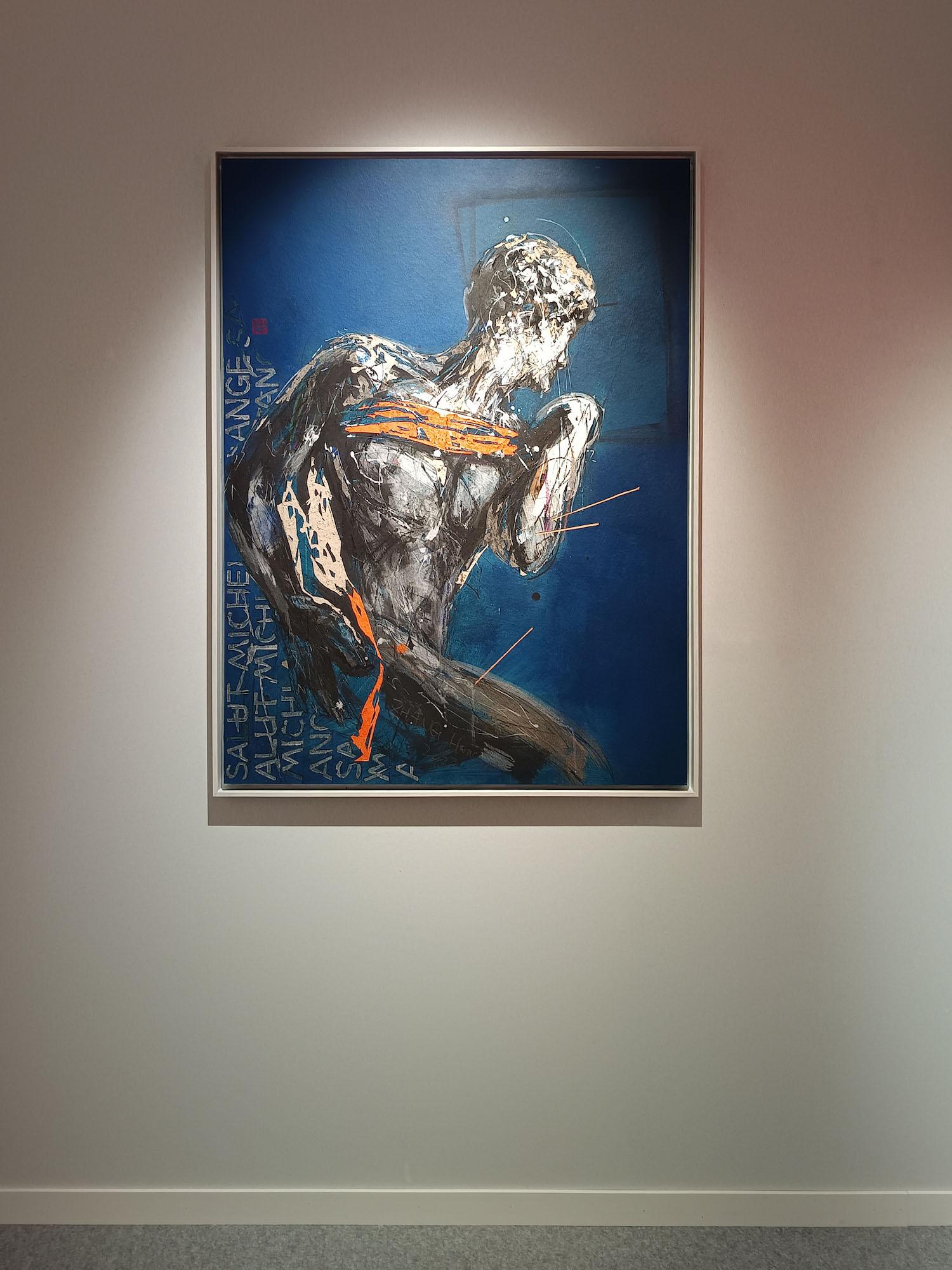 Tribute to Michelangelo IV by Zhang Hongyu - mixed media and engraving, blue For Sale 2