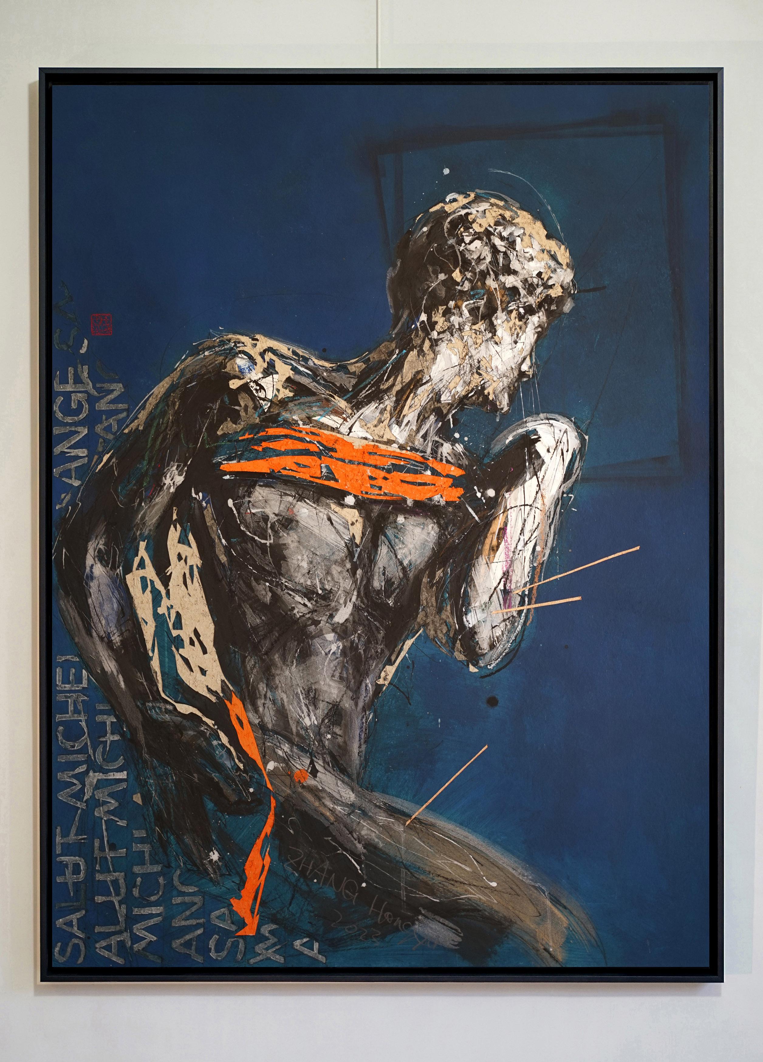 Tributo a Michelangelo IV di Zhang Hongyu - tecnica mista e incisione, blu in vendita 3