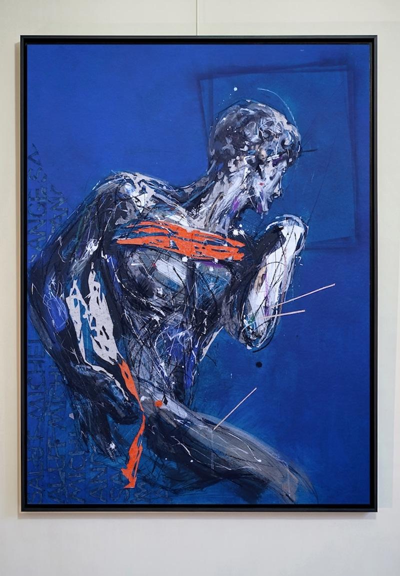 Tribute to Michelangelo IV by Zhang Hongyu - mixed media and engraving, blue For Sale 2