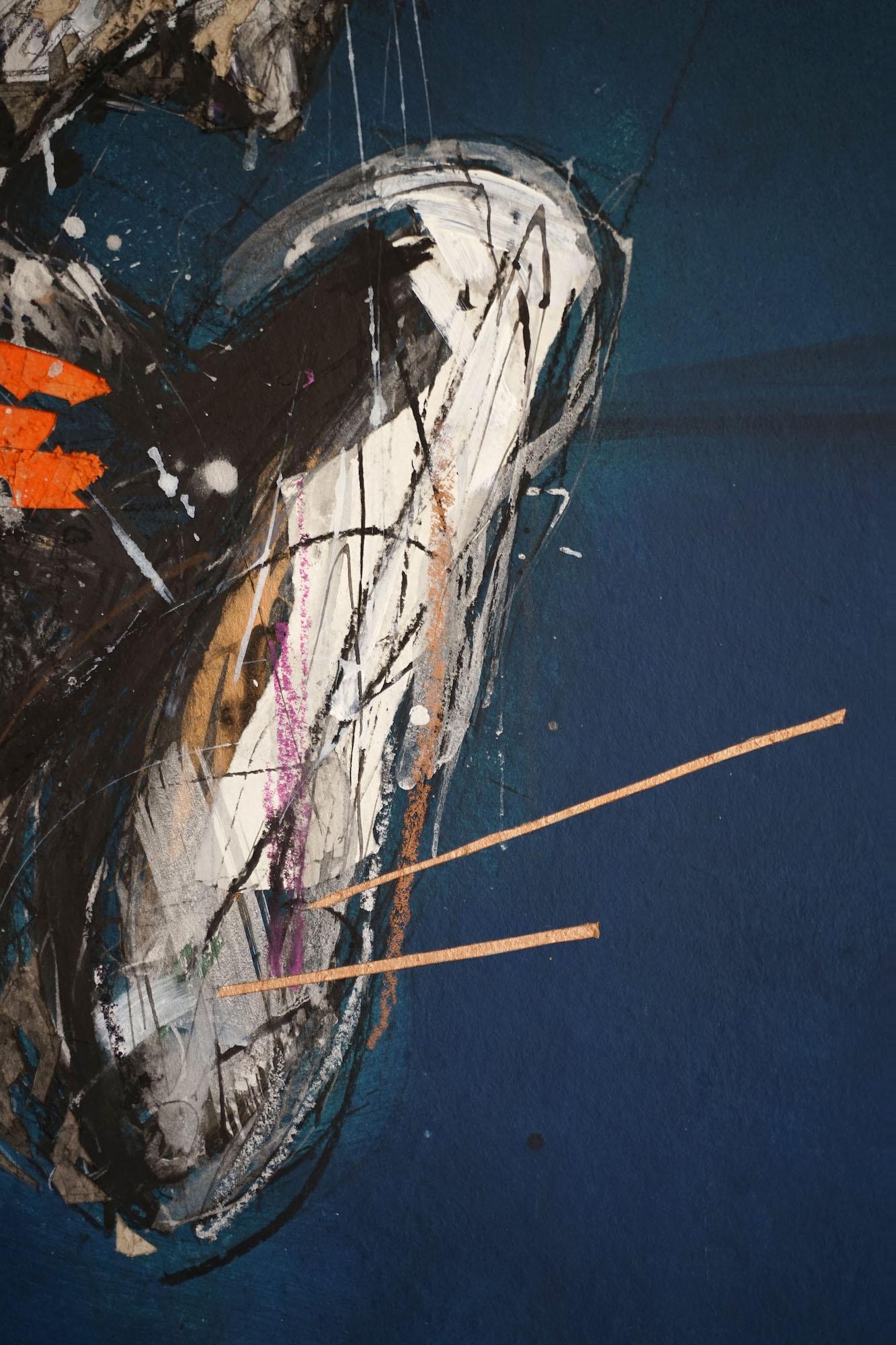 Tribute to Michelangelo IV by Zhang Hongyu - mixed media and engraving, blue For Sale 4