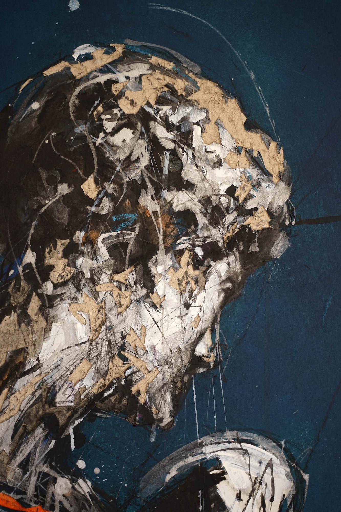 Tribute to Michelangelo IV by Zhang Hongyu - mixed media and engraving, blue For Sale 5