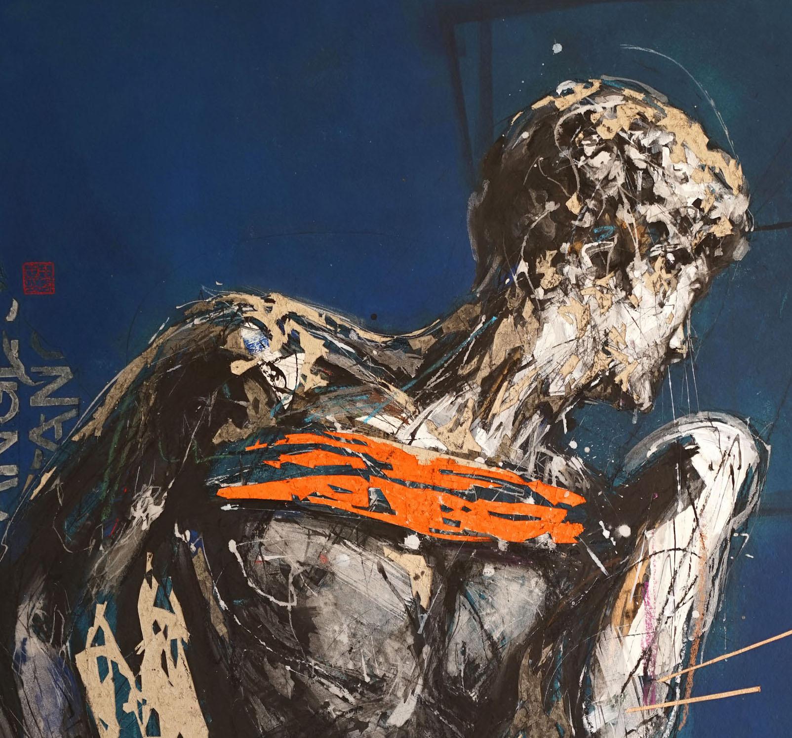 Tributo a Michelangelo IV di Zhang Hongyu - tecnica mista e incisione, blu in vendita 7