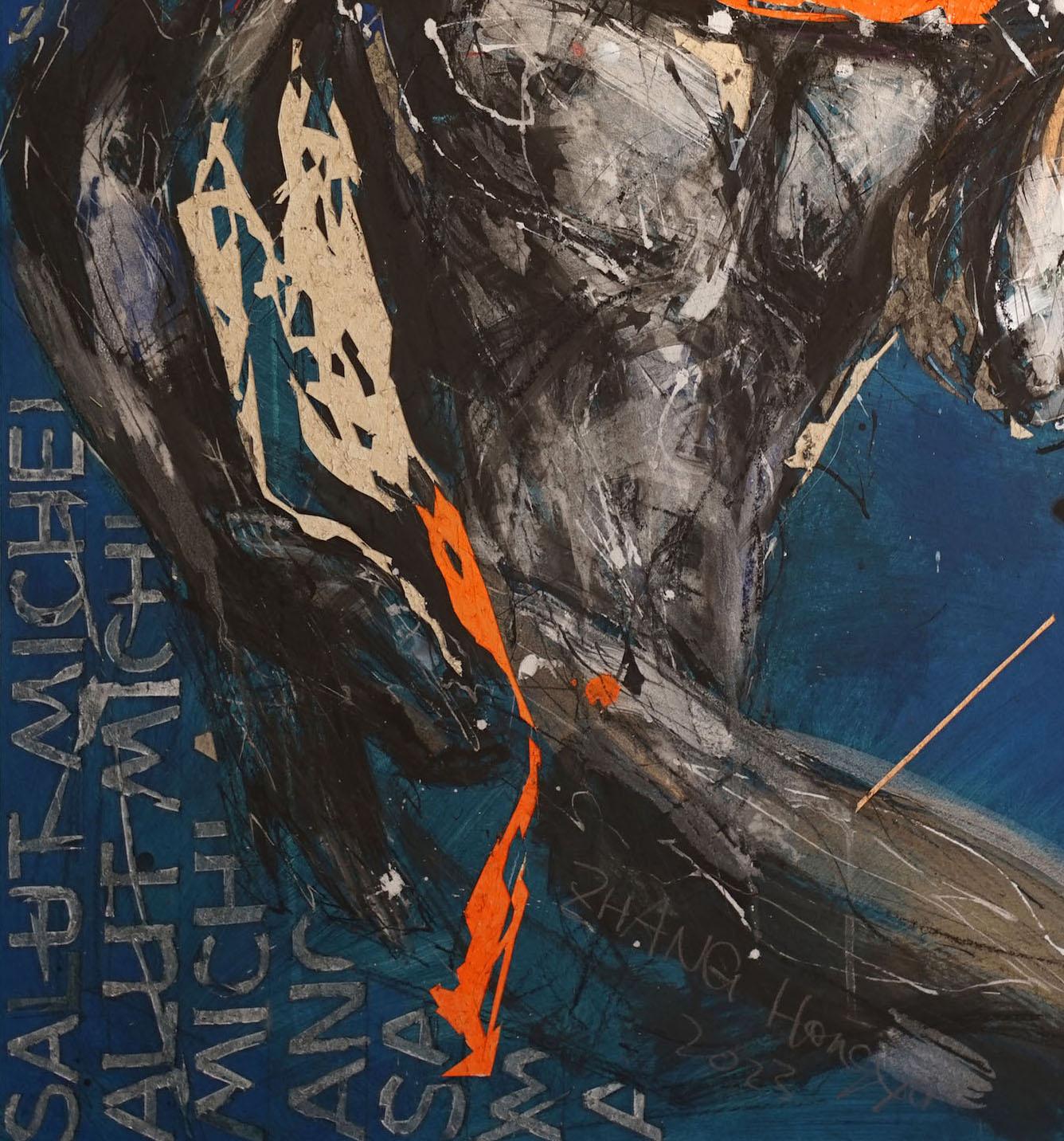 Tributo a Michelangelo IV di Zhang Hongyu - tecnica mista e incisione, blu in vendita 8