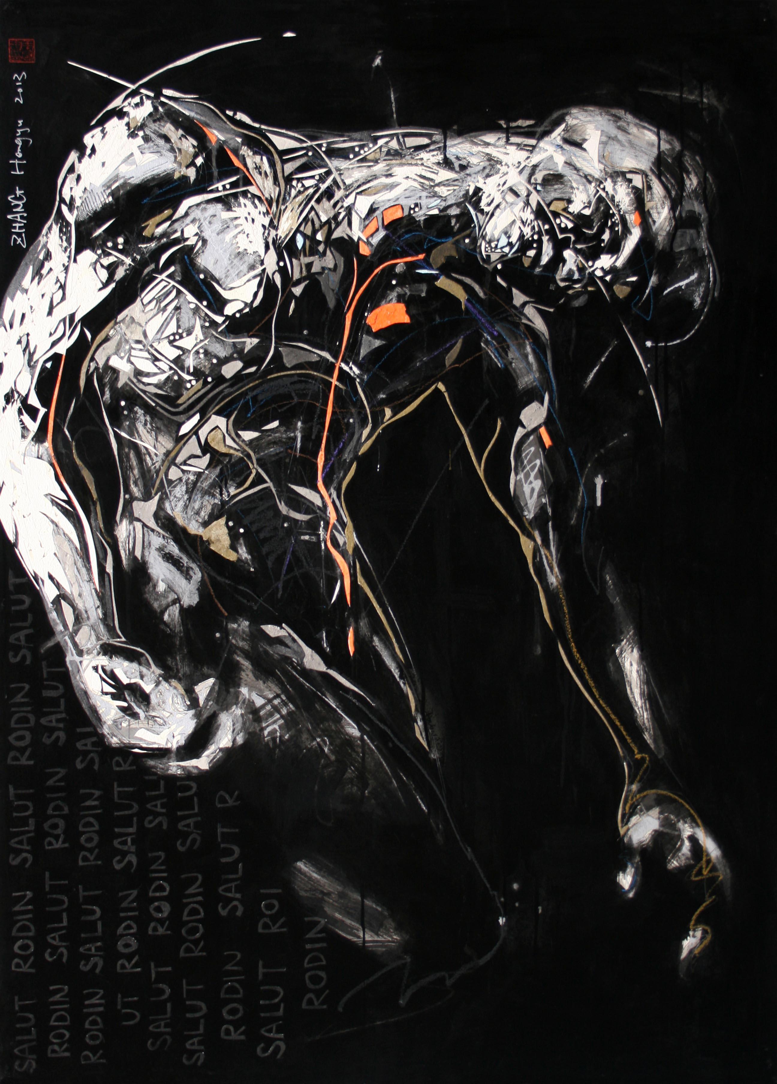 Tribute to Rodin 5 is a unique painting by contemporary artist Hongyu Zhang. The painting is made with Indian ink, pastel, acrylic, engraving and collage on cardboard mounted on canvas and stretcher, dimensions are 140 × 100 cm (55.1 × 39.4 in).